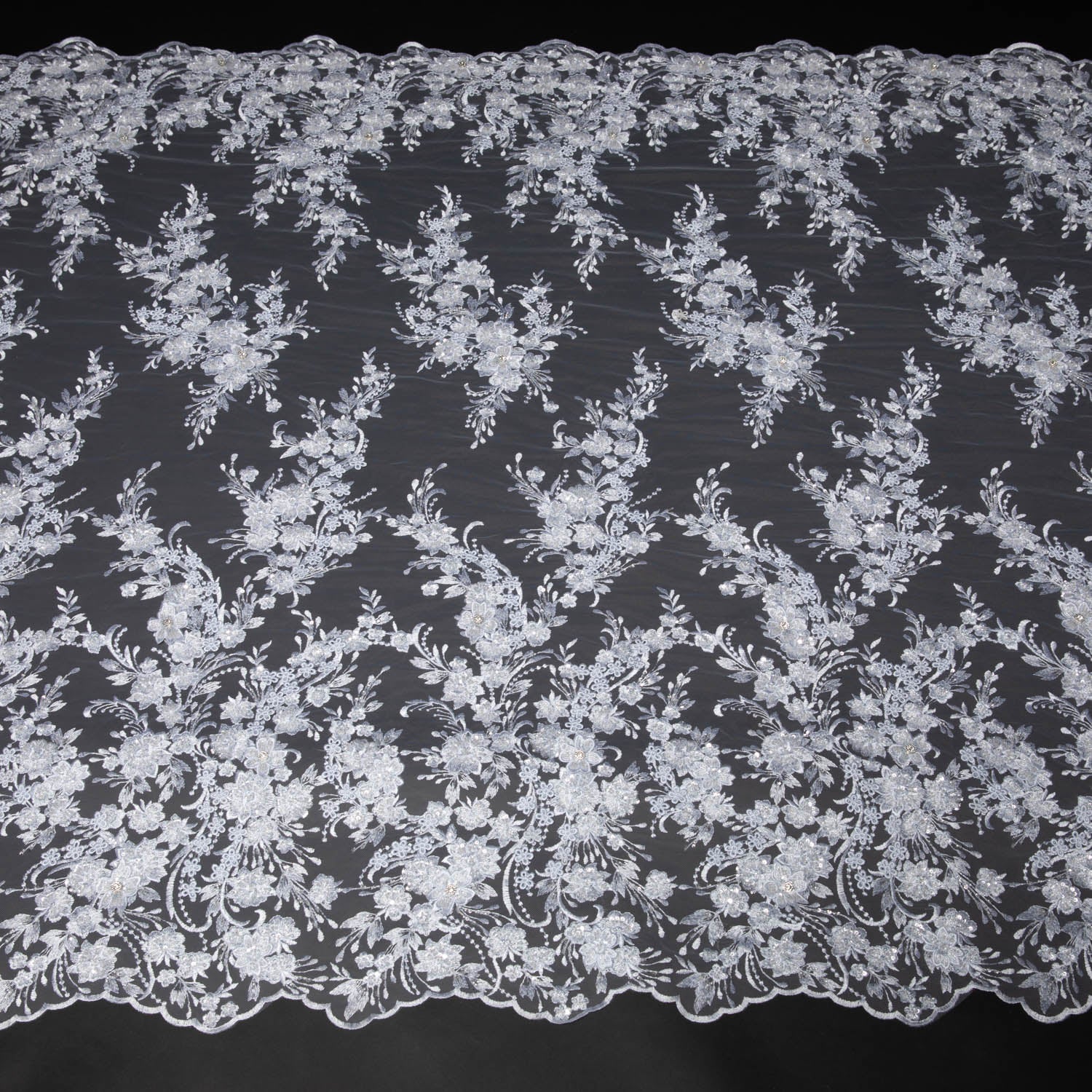 IVORY EMBROIDERED TULLE LACE WITH APPLIQUE WITH RICH INTRICATE 3D DESIGN 52" WIDE | Exquisite Fabric