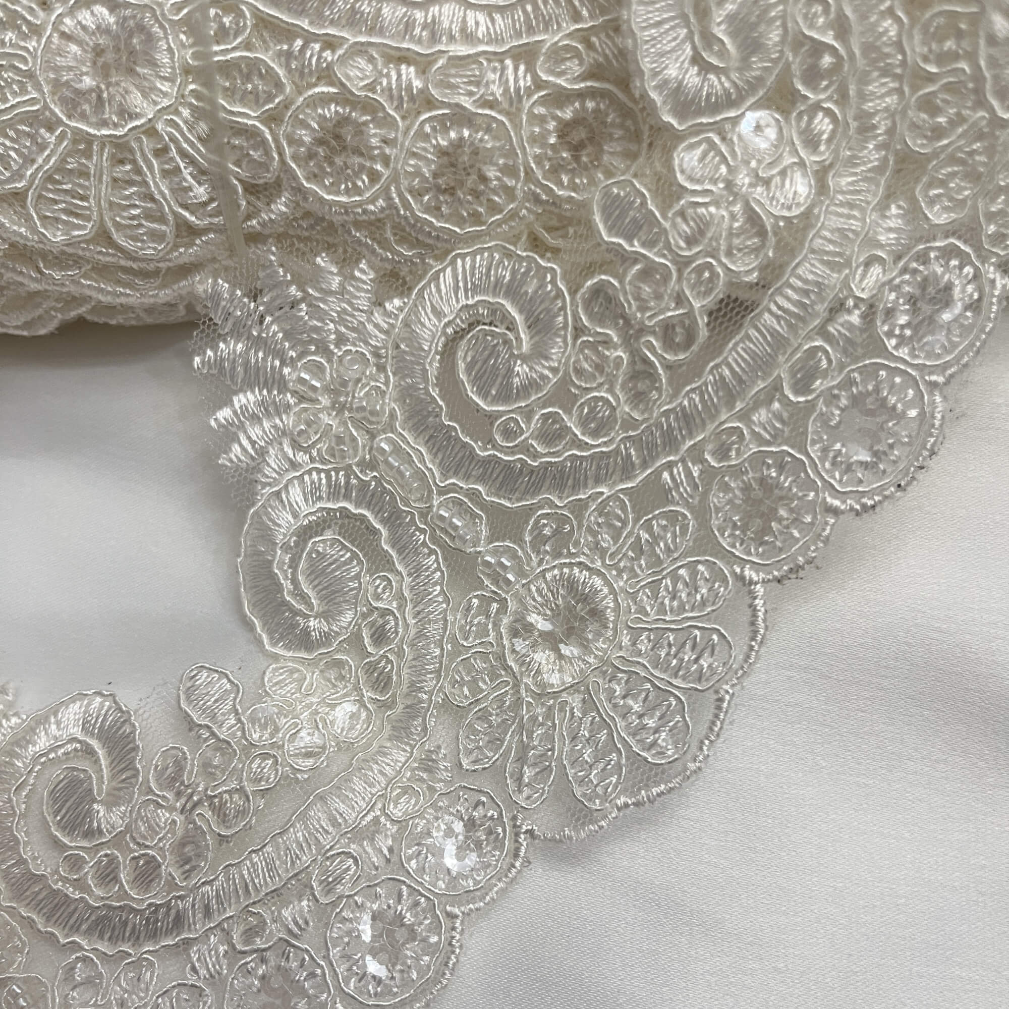 Beaded & Corded Lace Trimming Embroidered on 100% Polyester Net Mesh | Lace USA - 97120W-BP