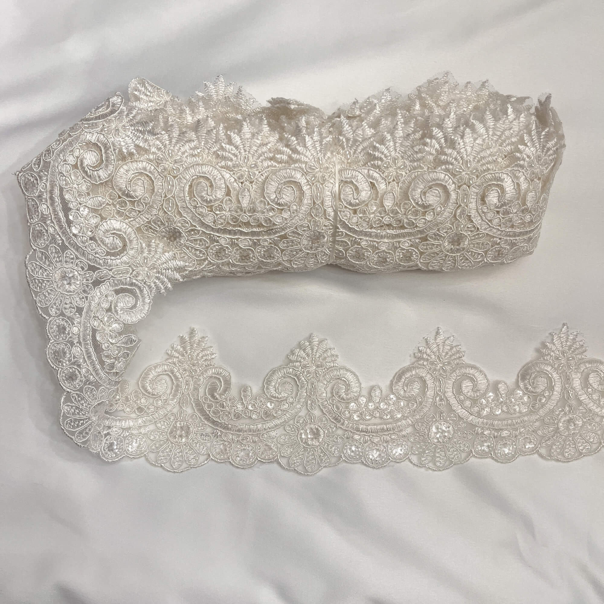 Beaded & Corded Lace Trimming Embroidered on 100% Polyester Net Mesh | Lace USA - 97120W-BP