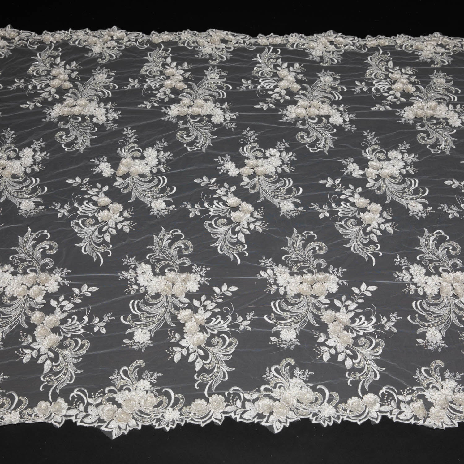 Tulle Lace Fabric Embroidered W/Applique with Sophisticated 3D Floral Design 52" Wide | Exquisite Fabric