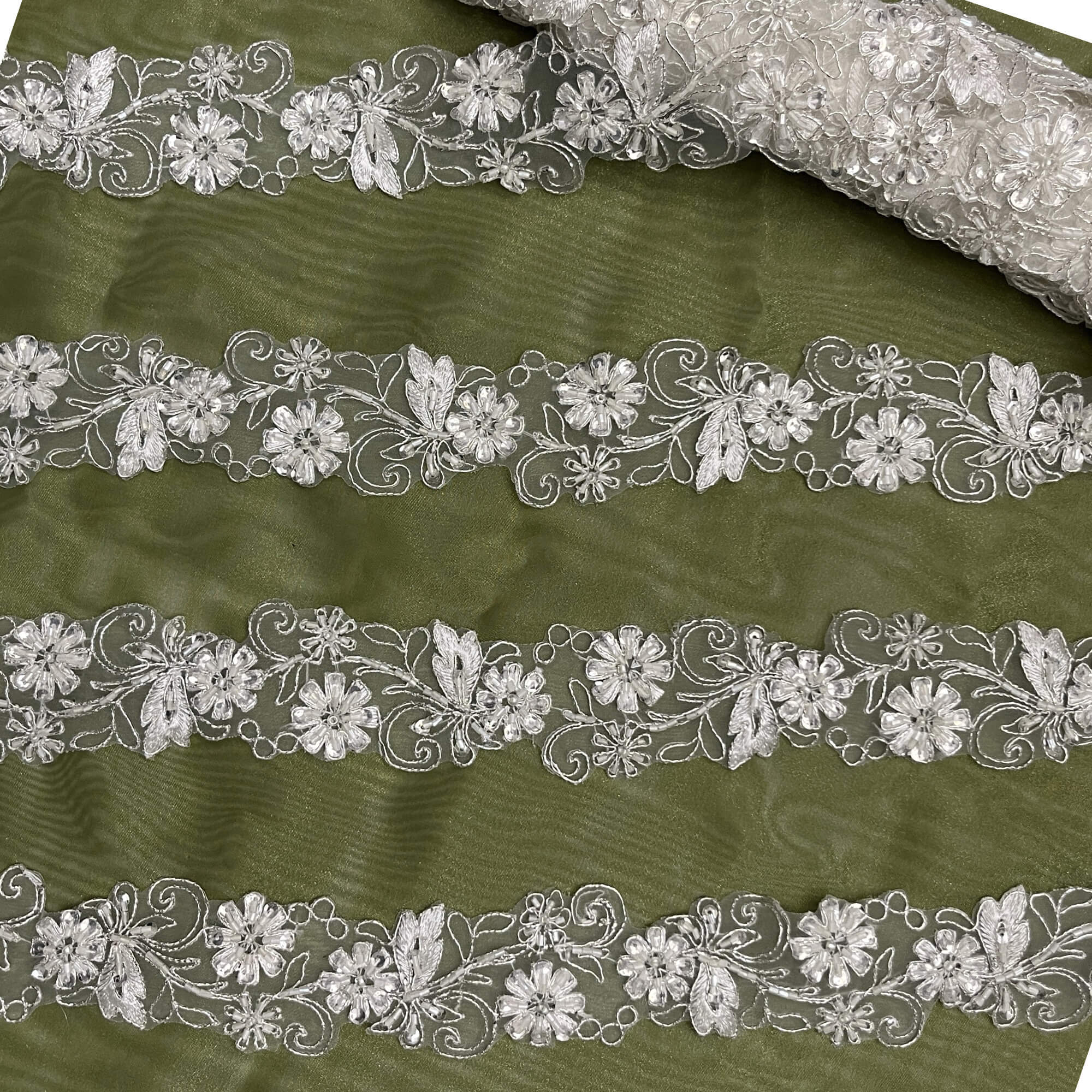 Beaded & Corded Lace Trimming Embroidered on 100% Polyester Net Mesh | Lace USA - 96283W-BP