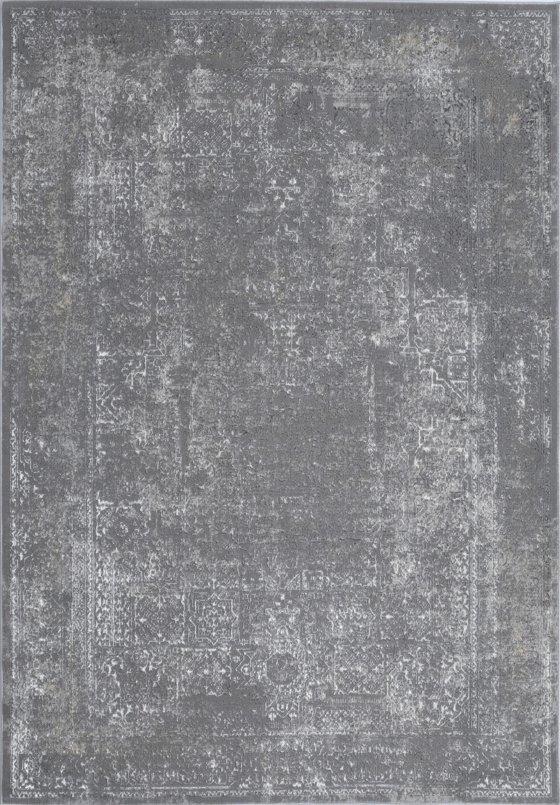 Charcoal Grey High-Low Rug with Elegant Silver Oriental Design and Bronze Touches - KAI 205