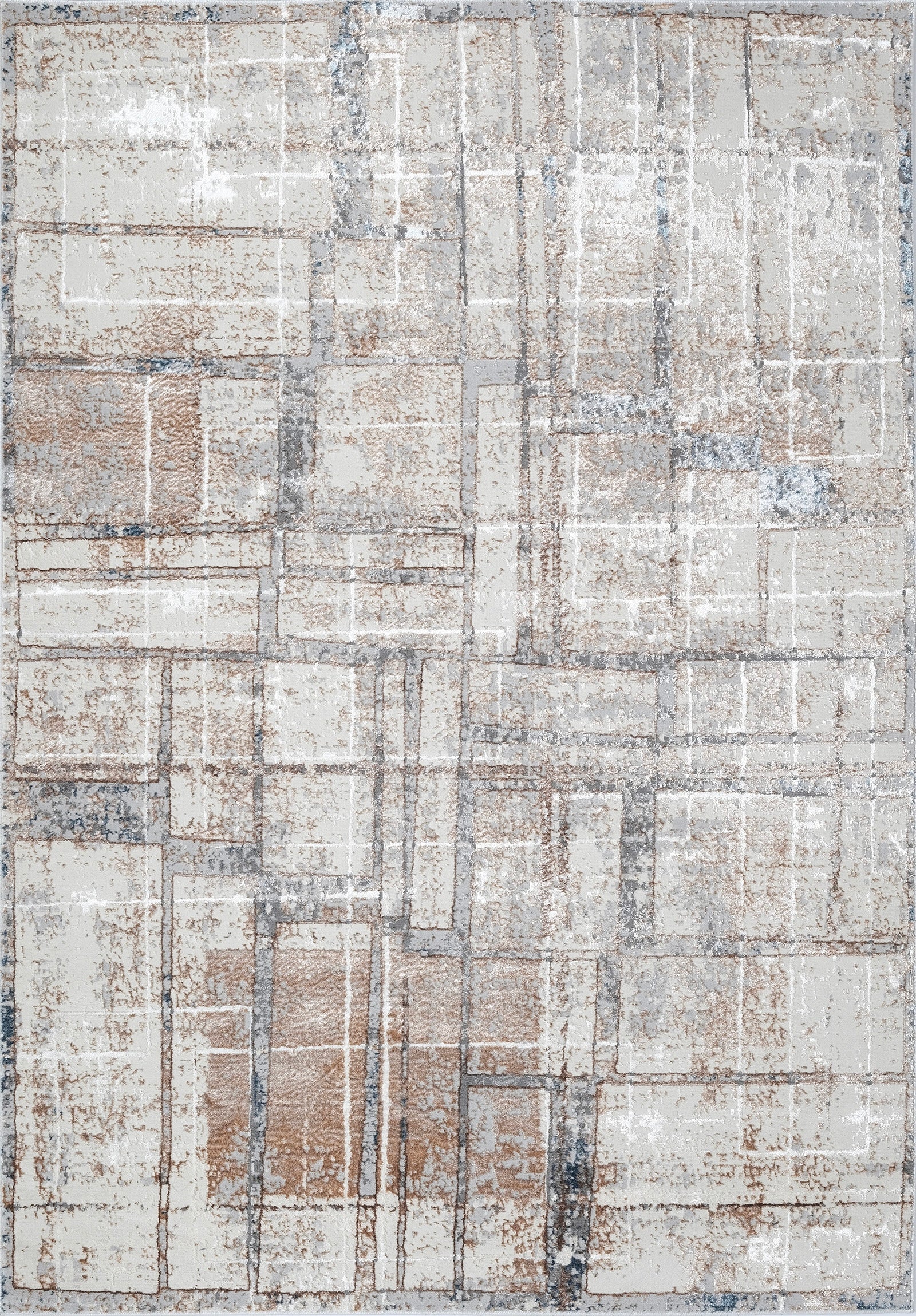 Modern Cream Rug with Bronze Geometric Abstract Pattern and Hints of Blue, Ivory & Charcoal Gray - KAI 208