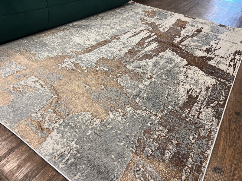 Contemporary Viscose Rug – Light Grey & Gold Accents with Two-Tone Copper Bronze Abstract Design - KAI 213