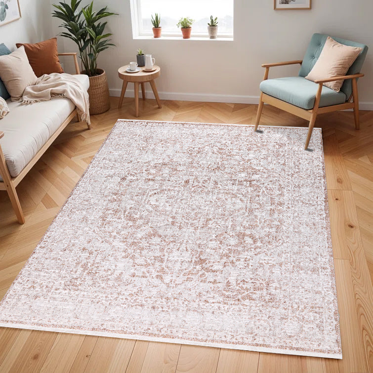 Cream Base Rug with Textured Brick-Toned Oriental Motif and Grey Highlights - KAI 300