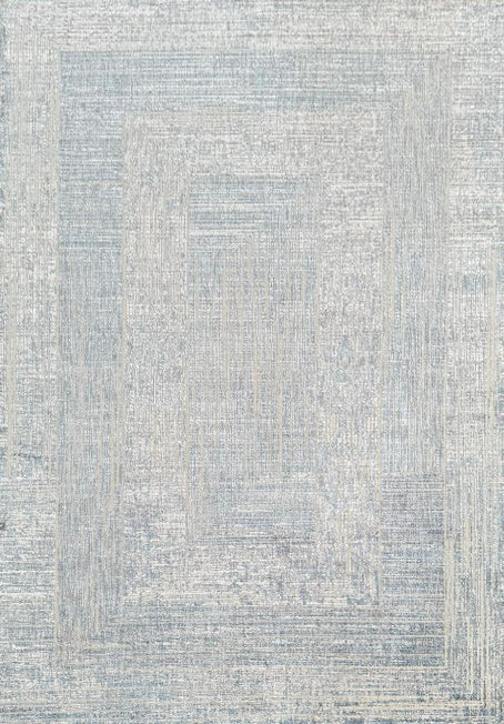Cream Rug with Geometric Blue, Silver & Charcoal Accents in High-Low Texture - KAI 302