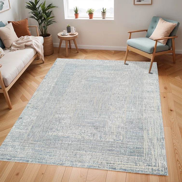 Cream Rug with Geometric Blue, Silver & Charcoal Accents in High-Low Texture - KAI 302