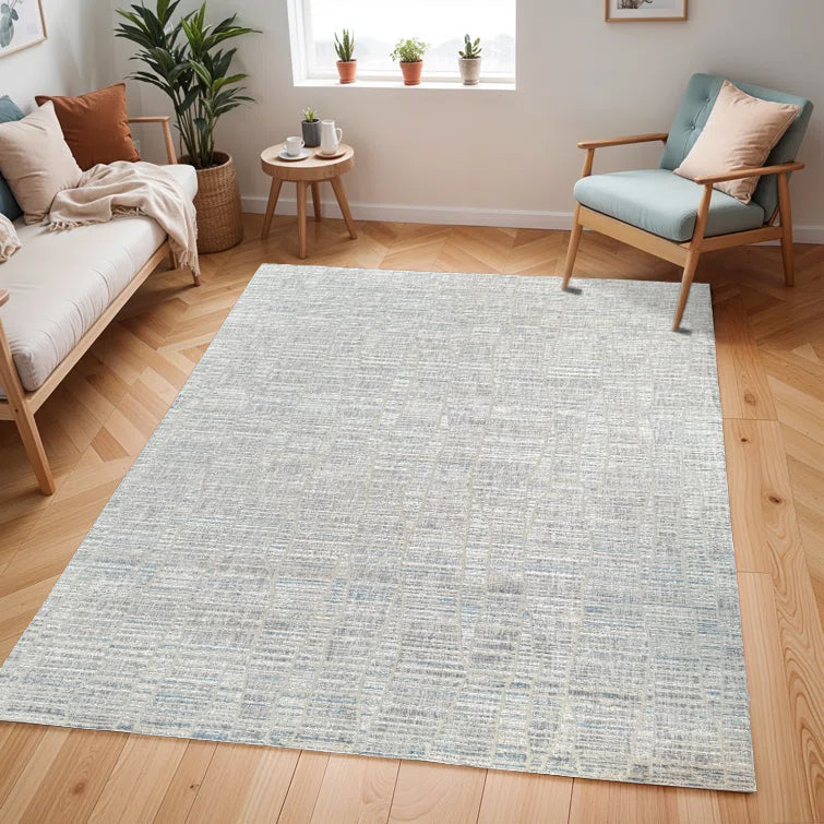 Modern Cream Rug with Blue, Grey & Gold-Brown High-Low Abstract Pattern - KAI 303