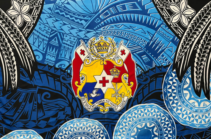 Kingdom of Tonga Seal Plumeria Tattoo Design Tupenu | Islands Fabric