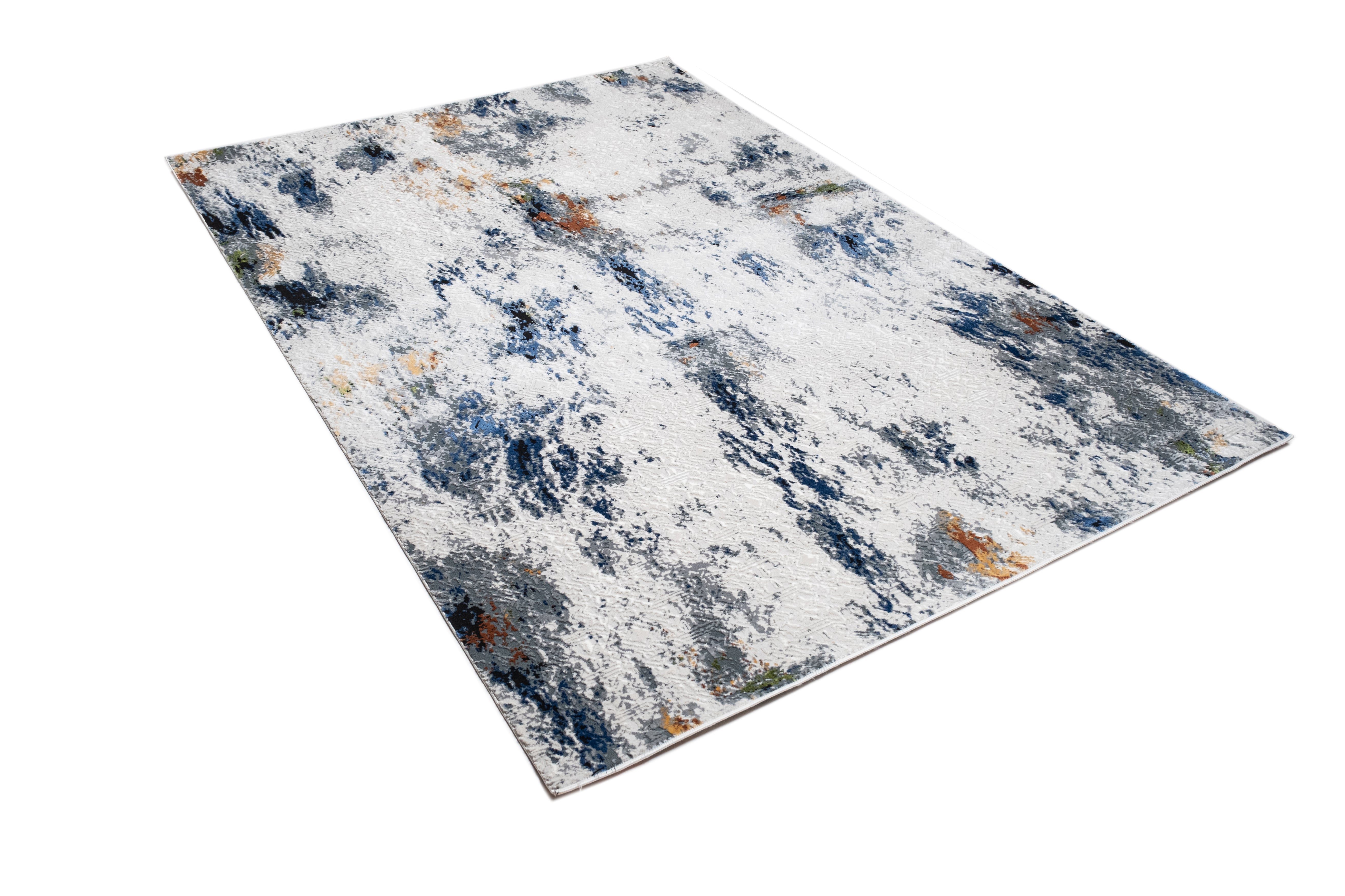Cream Abstract Rug with Silver, Charcoal, Black, Red-Brown, Mustard, Ocean Blue & Green Accents.