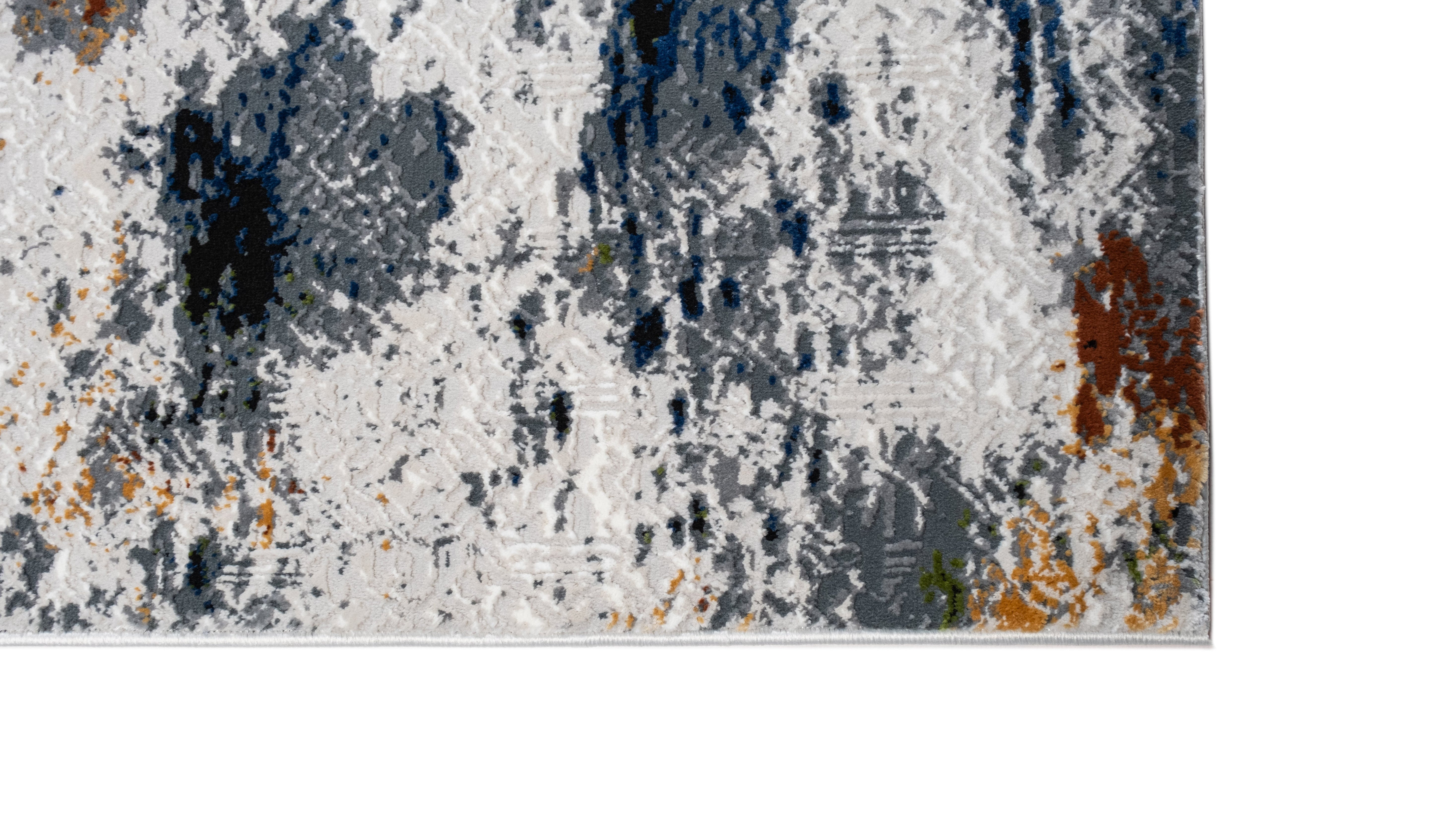 Cream Abstract Rug with Silver, Charcoal, Black, Red-Brown, Mustard, Ocean Blue & Green Accents.