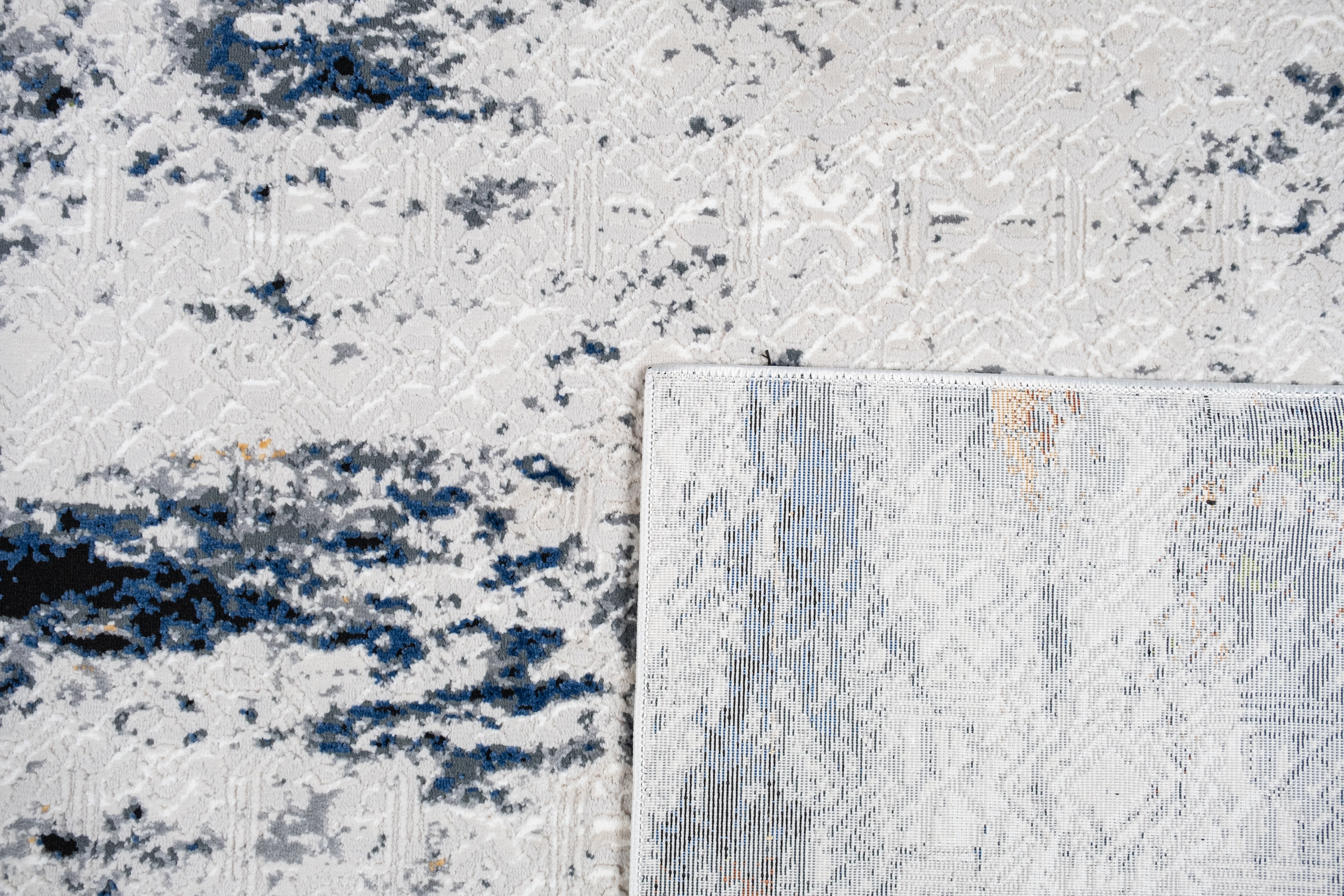Cream Abstract Rug with Silver, Charcoal, Black, Red-Brown, Mustard, Ocean Blue & Green Accents.