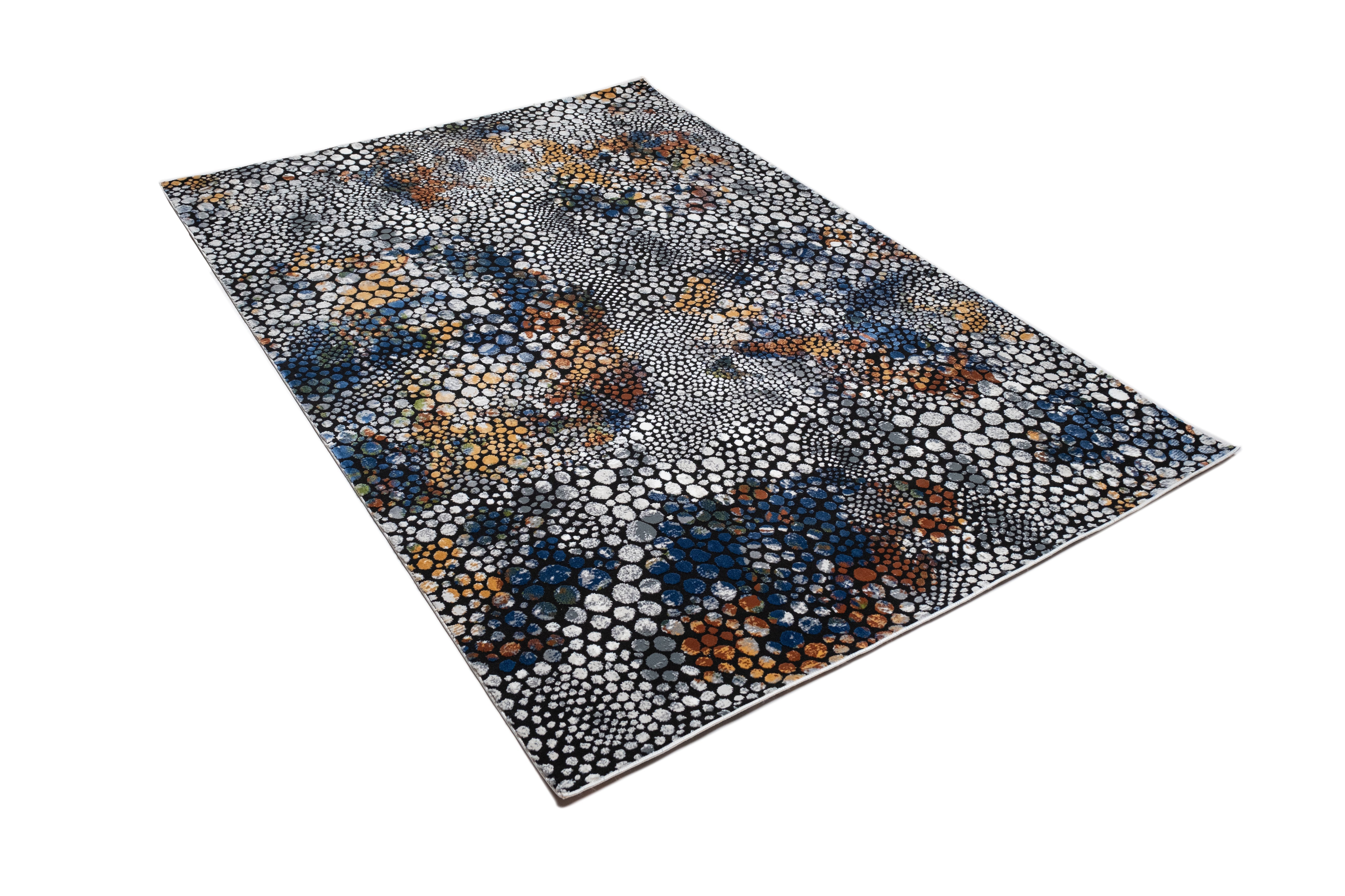 Abstract Spotted Rug – Black with Silver, Charcoal, Red-Brown, Mustard, Green, and Deep Blue Highlights.