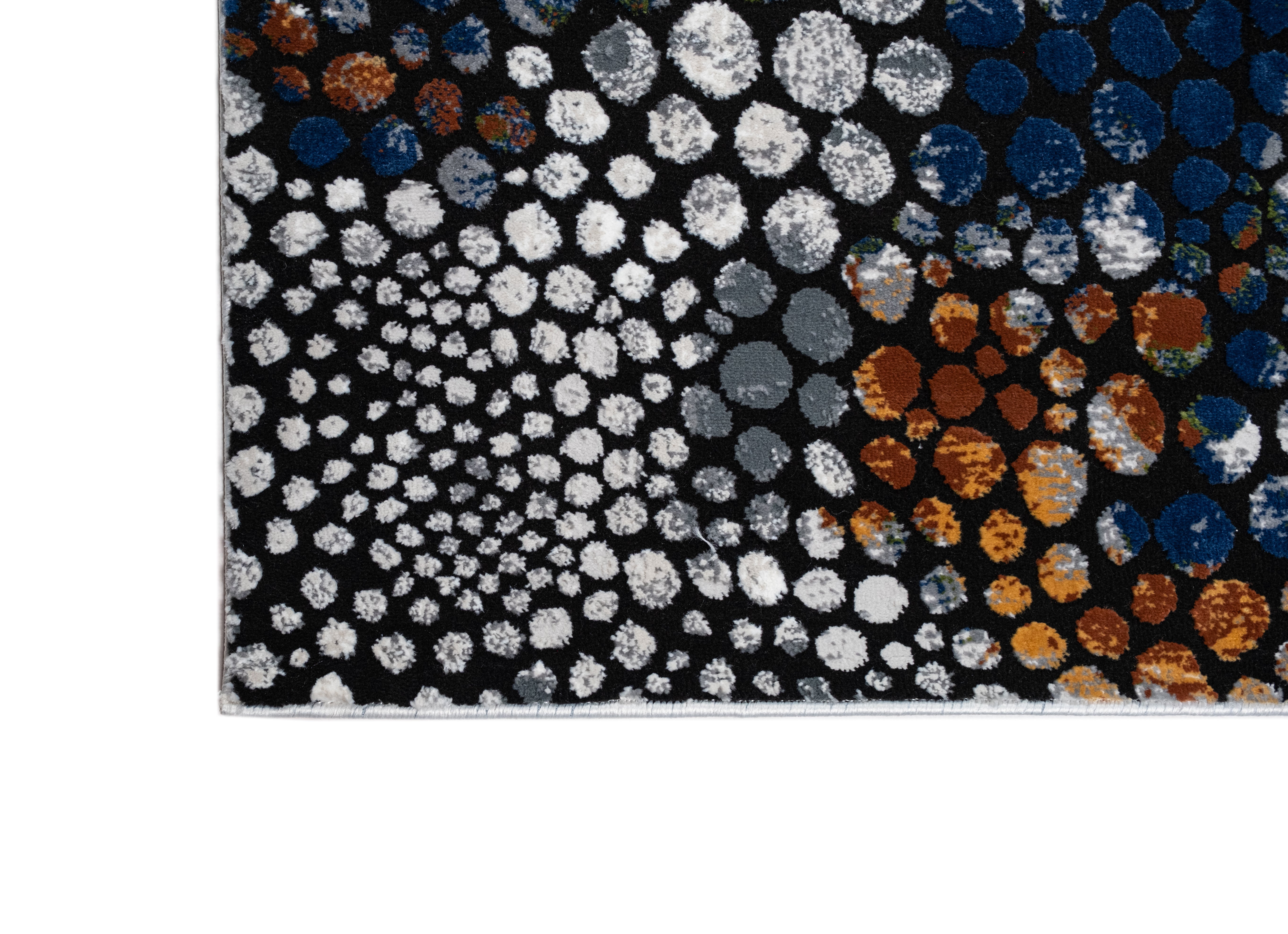 Abstract Spotted Rug – Black with Silver, Charcoal, Red-Brown, Mustard, Green, and Deep Blue Highlights.