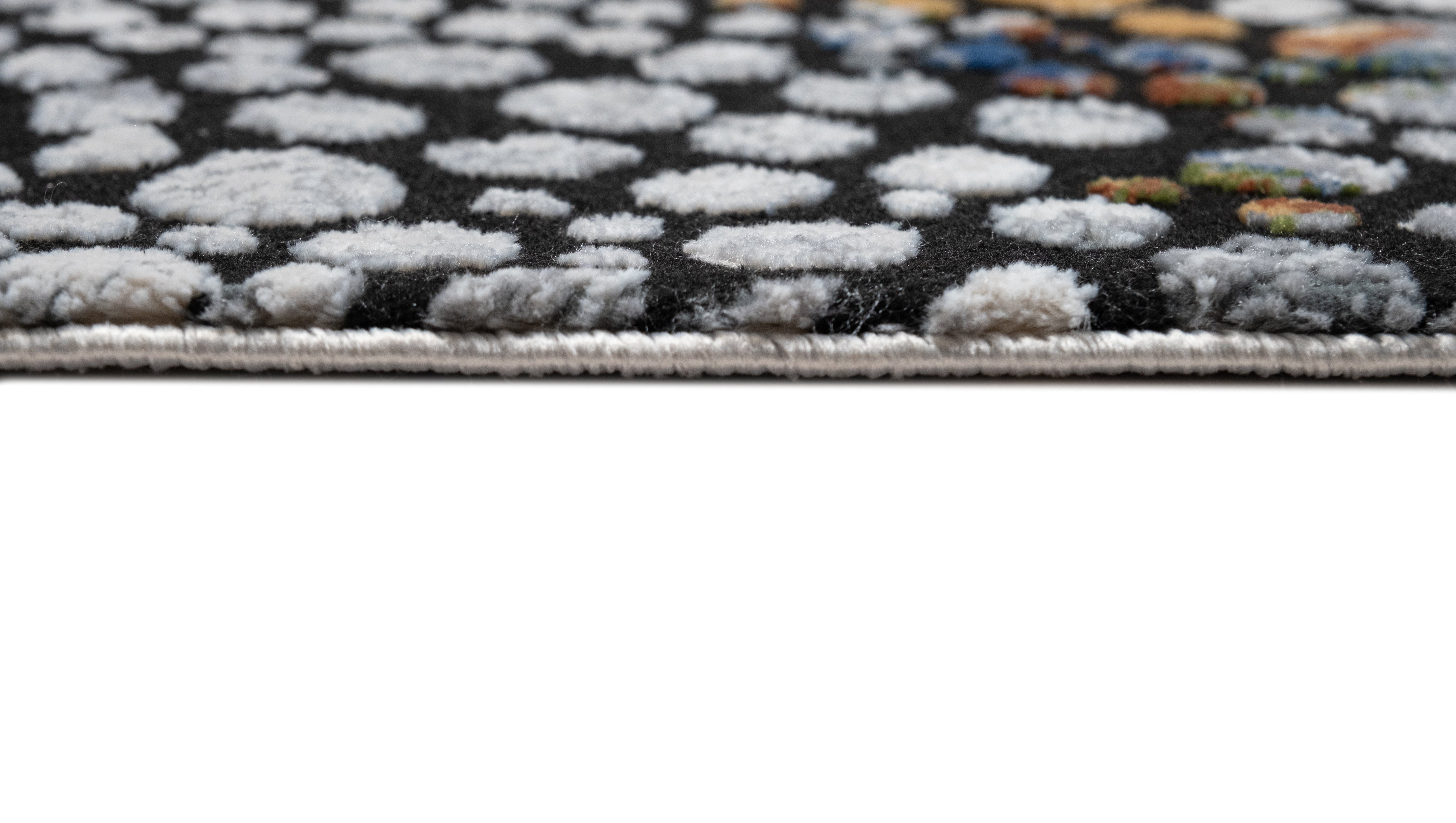 Abstract Spotted Rug – Black with Silver, Charcoal, Red-Brown, Mustard, Green, and Deep Blue Highlights.