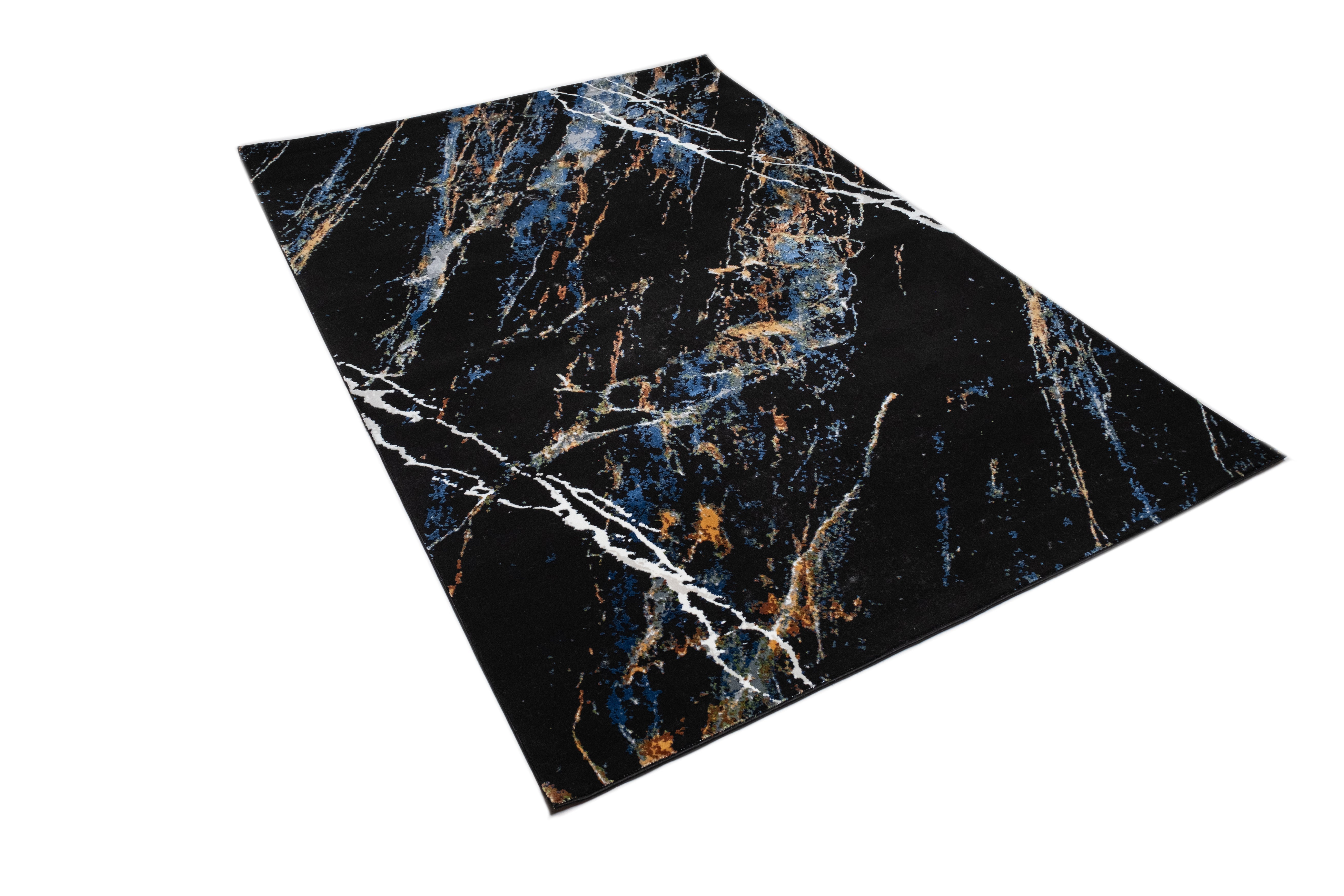 Modern Black Abstract Rug with Silver, Mustard, Red-Brown, Green & Ocean Blue Marbling.