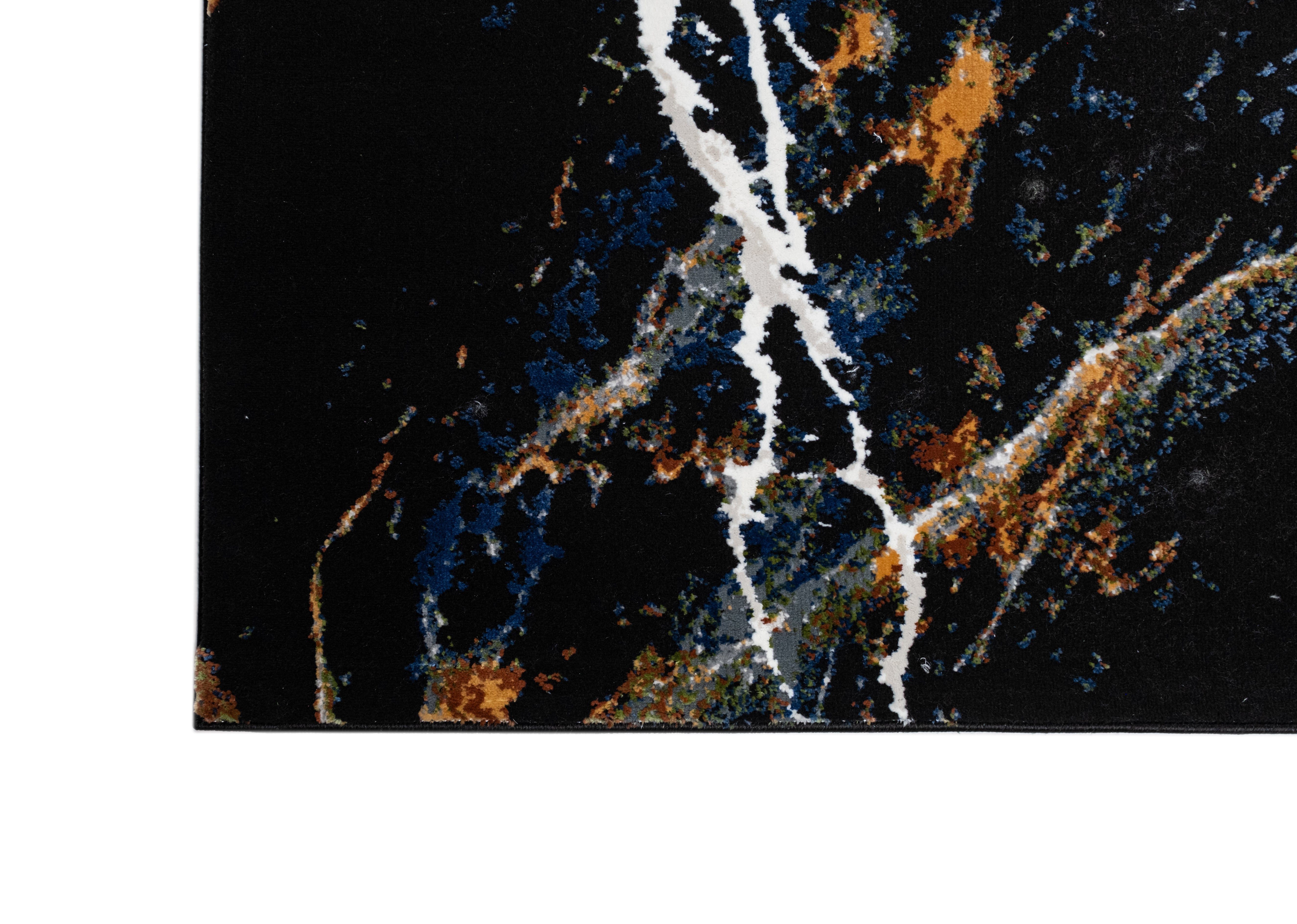 Modern Black Abstract Rug with Silver, Mustard, Red-Brown, Green & Ocean Blue Marbling.