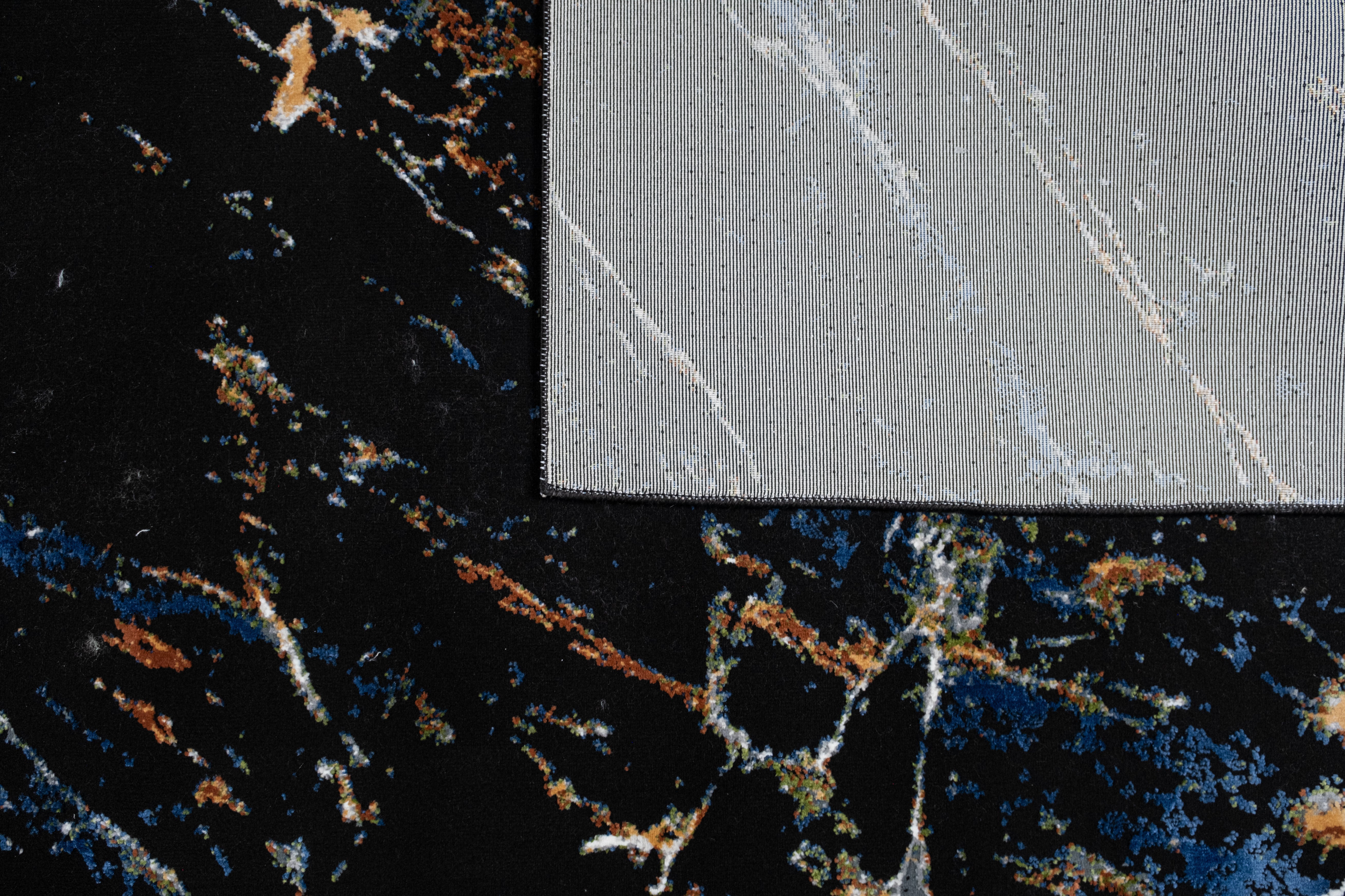 Modern Black Abstract Rug with Silver, Mustard, Red-Brown, Green & Ocean Blue Marbling.