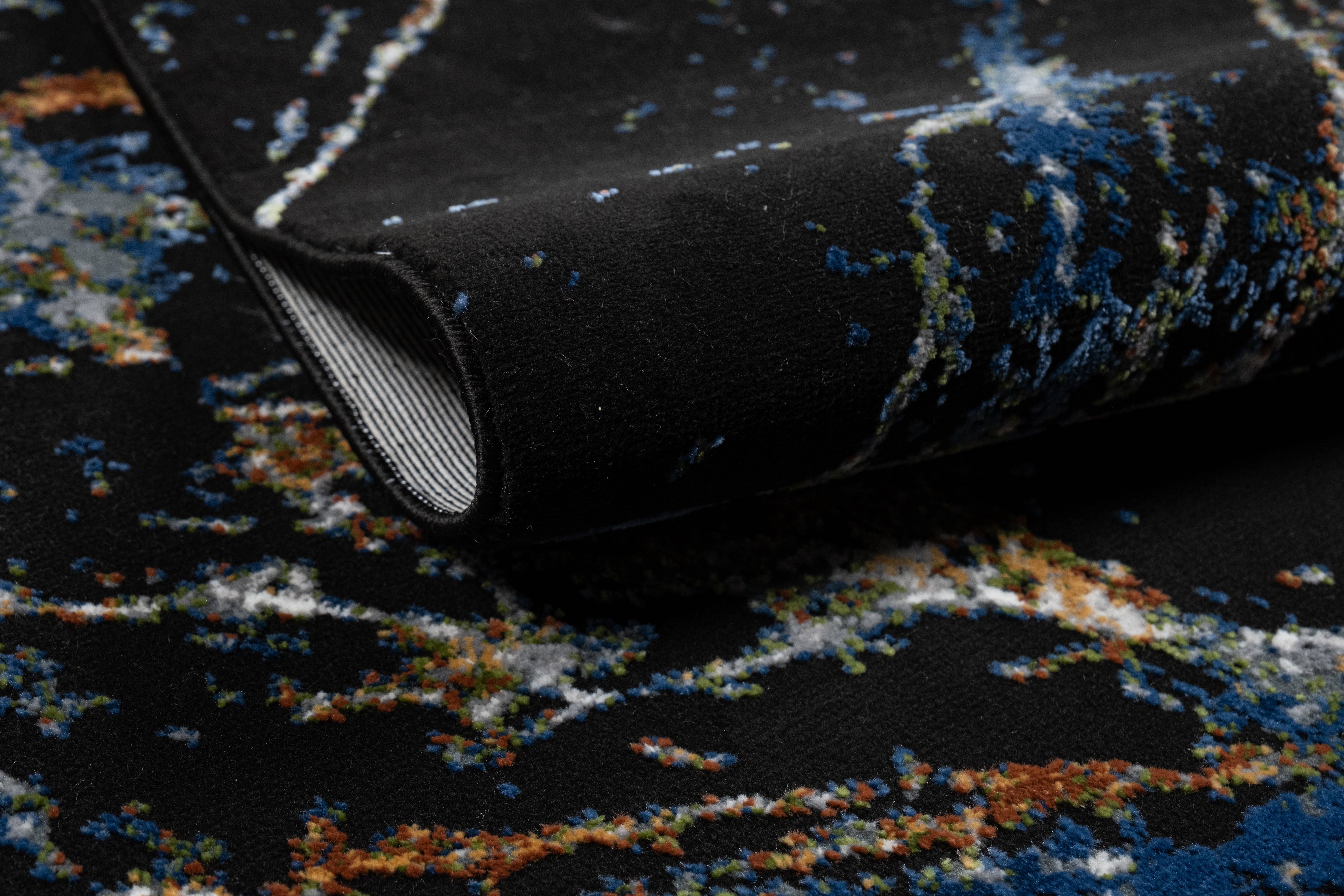 Modern Black Abstract Rug with Silver, Mustard, Red-Brown, Green & Ocean Blue Marbling.