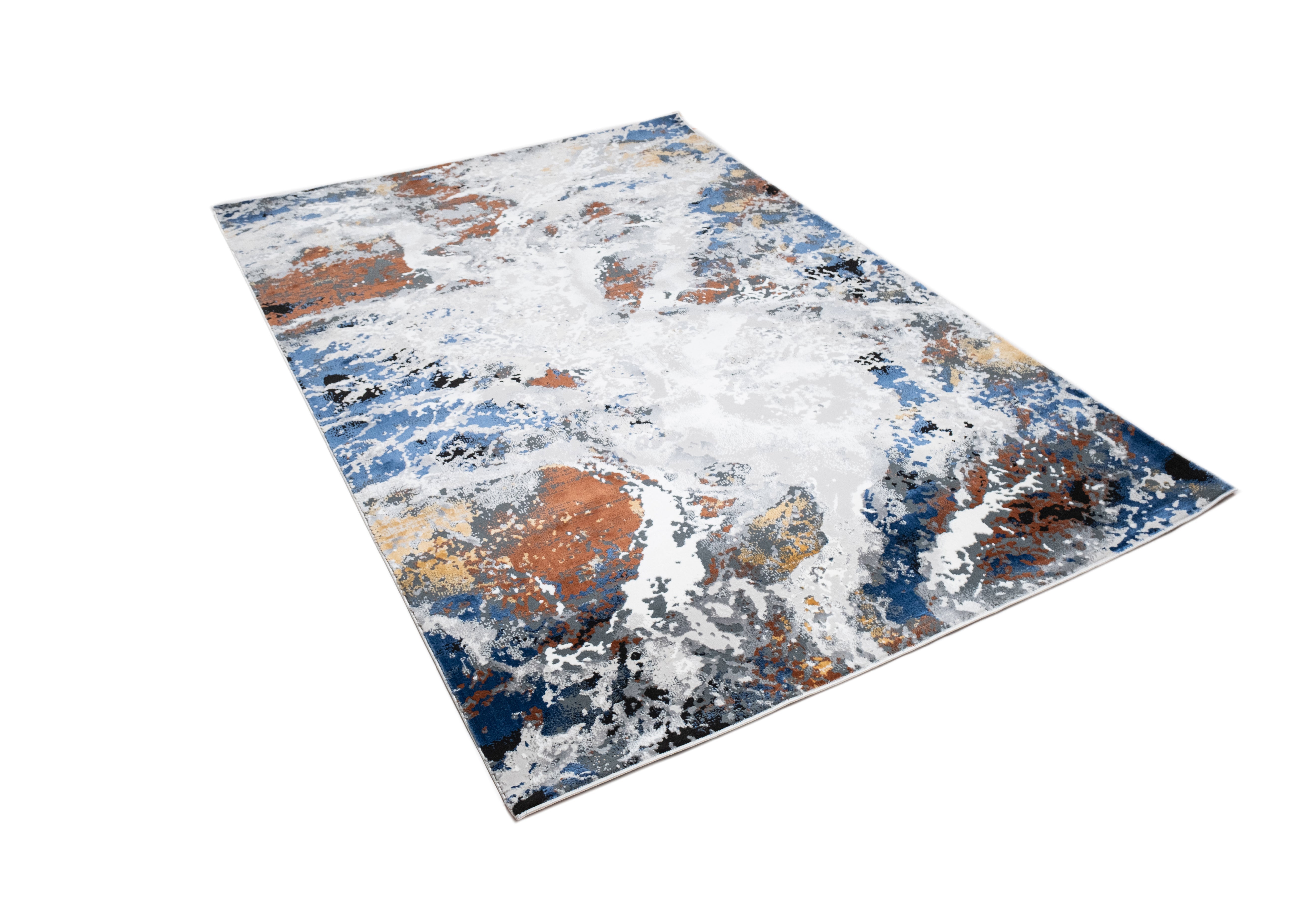 Grey Marble Abstract Rug with Red-Brown, Tan, Cream & Ocean Blue Accents and hits of Black.