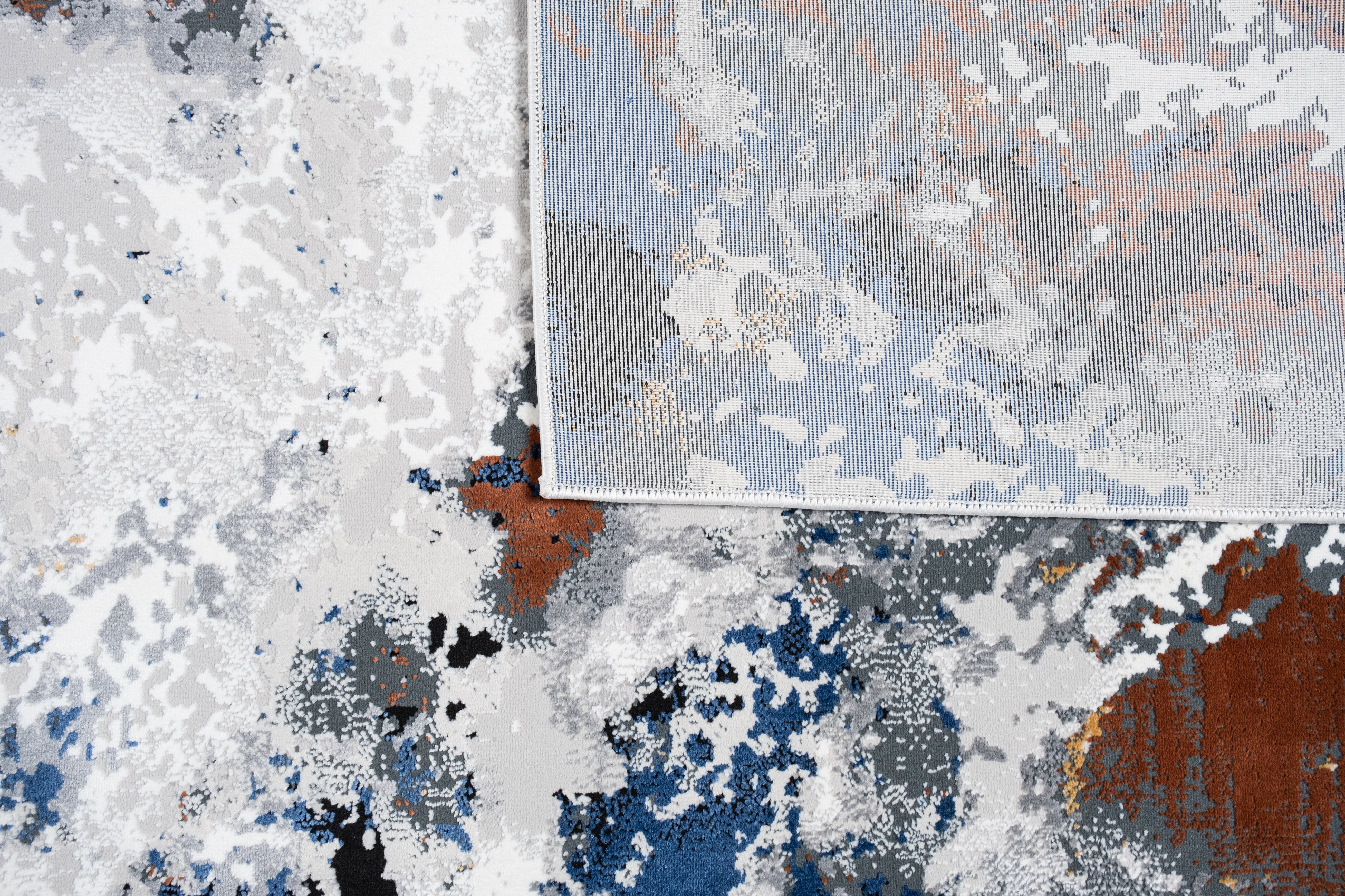 Grey Marble Abstract Rug with Red-Brown, Tan, Cream & Ocean Blue Accents and hits of Black.