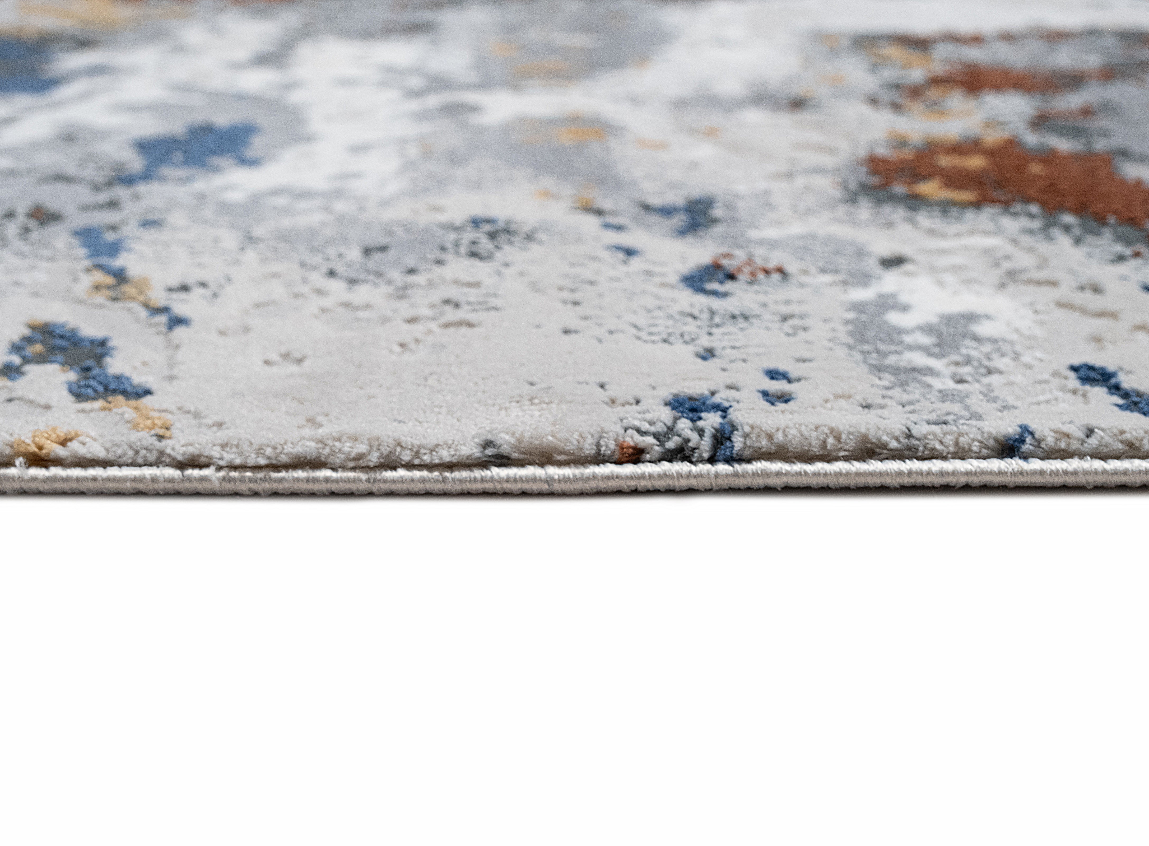 Grey Marble Abstract Rug with Red-Brown, Tan, Cream & Ocean Blue Accents and hits of Black.