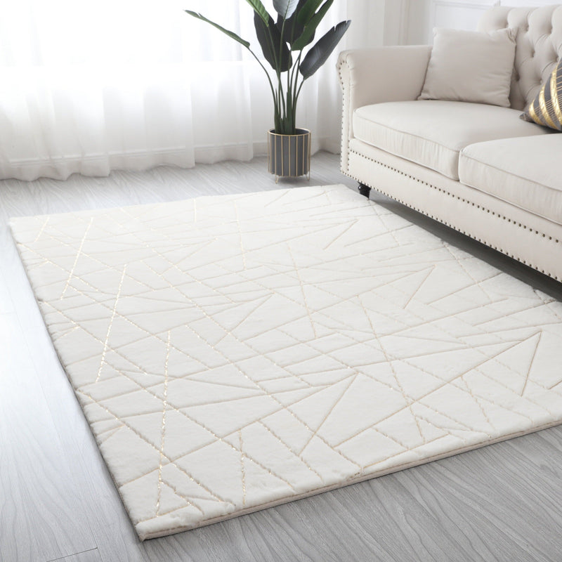 White with Golden Metallic Lines Faux Rabbit Touch Rugs/Carpet
