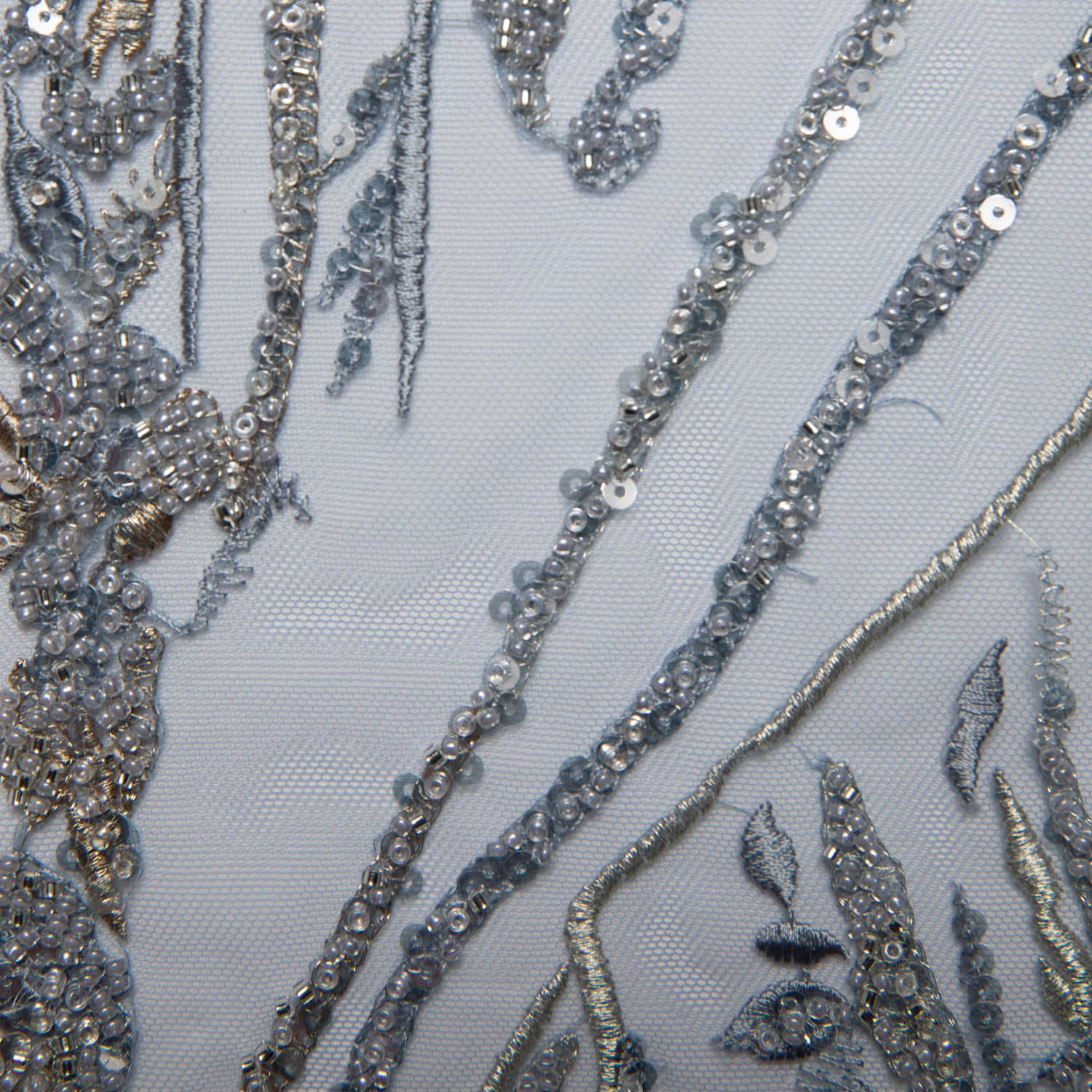 LIGHT BLUE P/SOFT TULLE LACE FABRIC COM EMBROIDERED AND SEQUINED WITH BEAUTIFUL ELEGANT DESIGN 52" WIDE | Exquisite Fabric