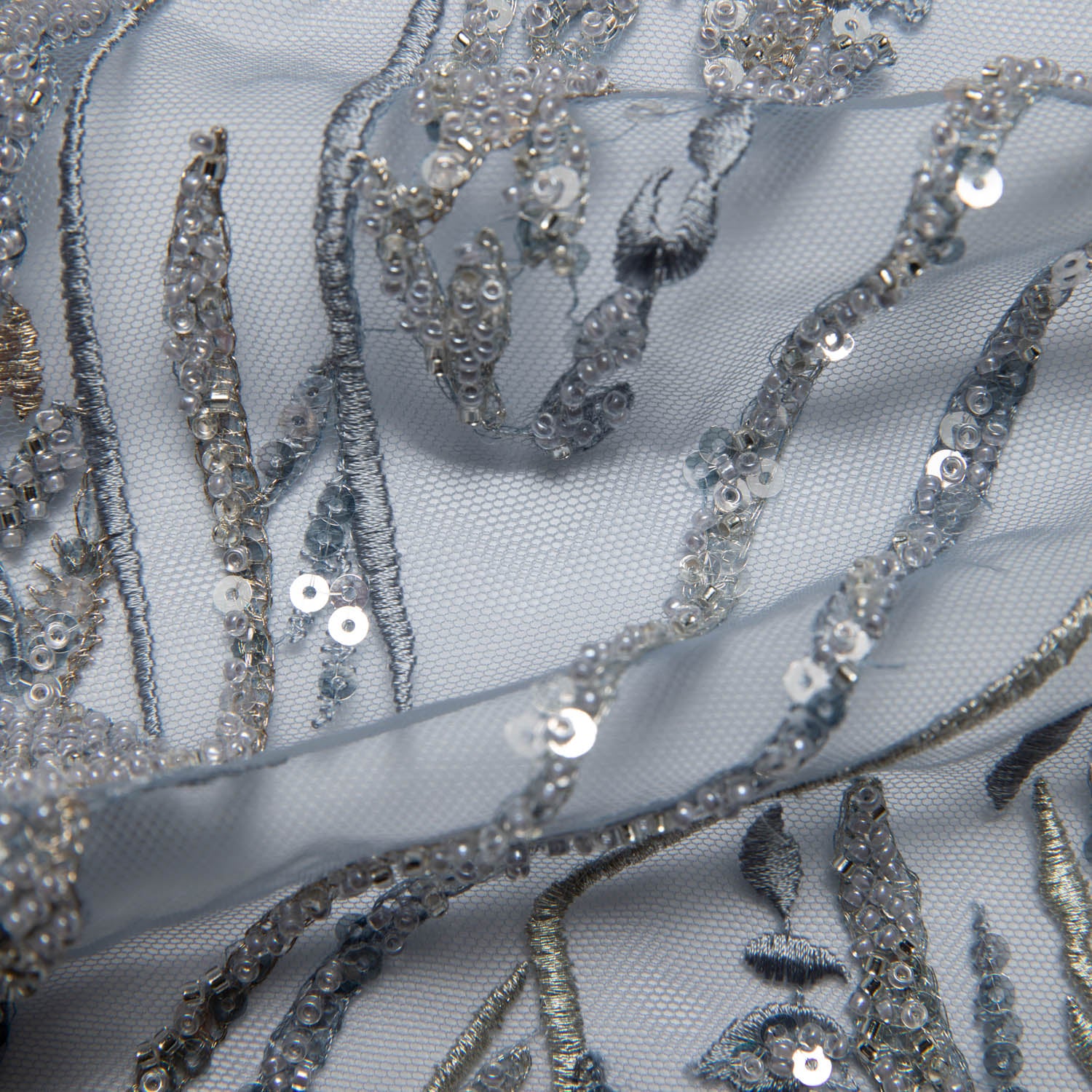 LIGHT BLUE P/SOFT TULLE LACE FABRIC COM EMBROIDERED AND SEQUINED WITH BEAUTIFUL ELEGANT DESIGN 52" WIDE | Exquisite Fabric