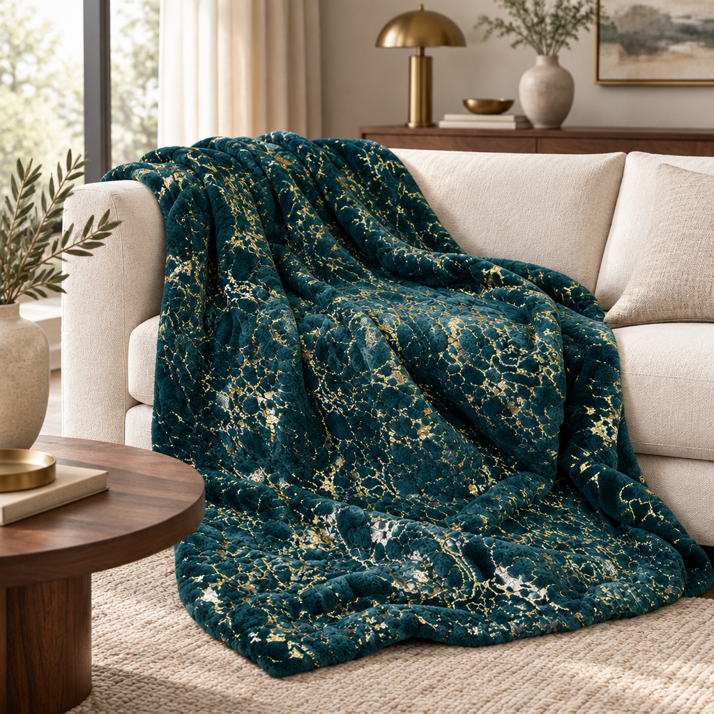 Metallic Golden Scattered Shimmery Design Faux Rabbit Touch Soft Throw Blanket - Coverlet/ Quilt/ Throw/ Bedspread/ Bedcover