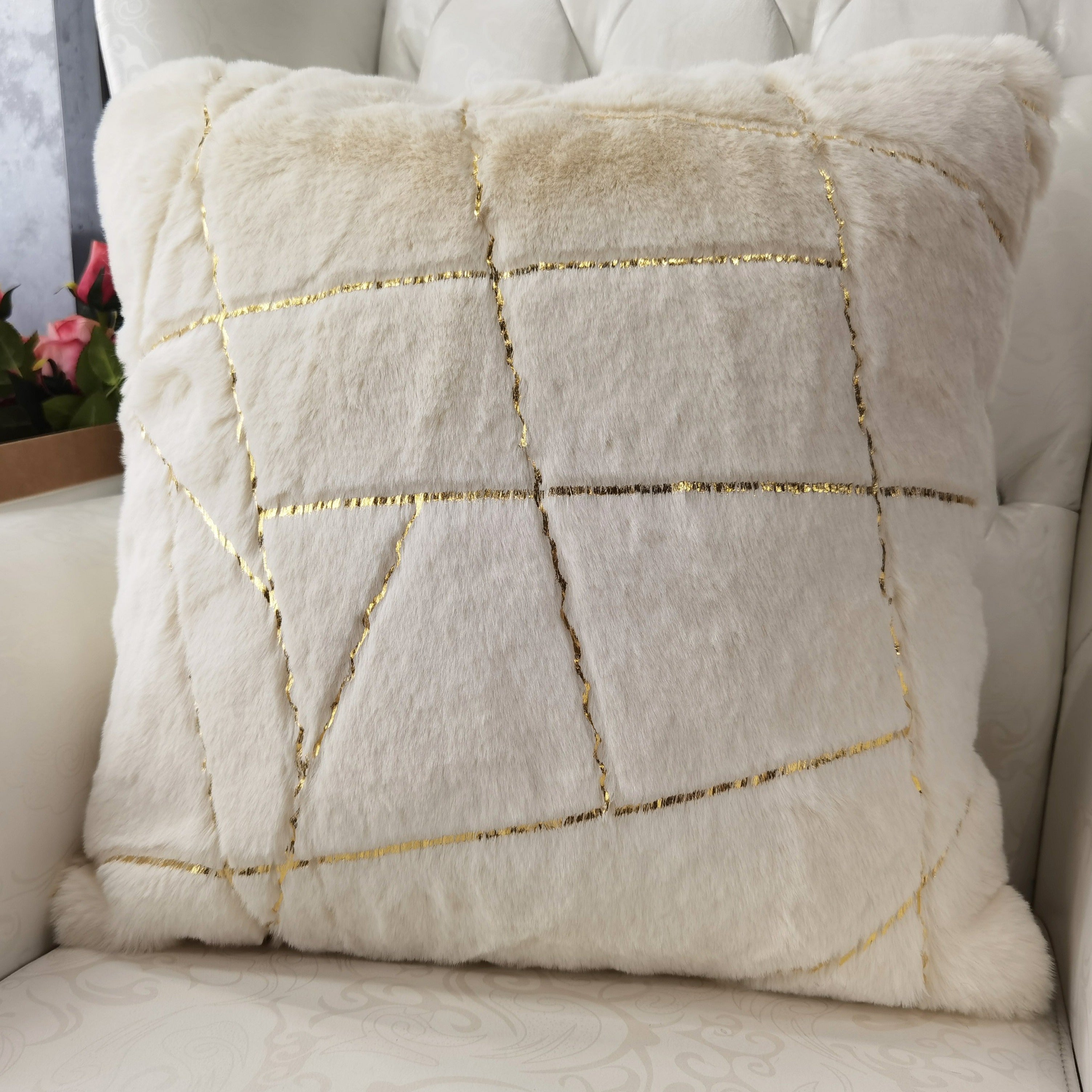 Golden Faux Fur Glow Fluffy Pillow with Shimmery Foil Illuminating Effect