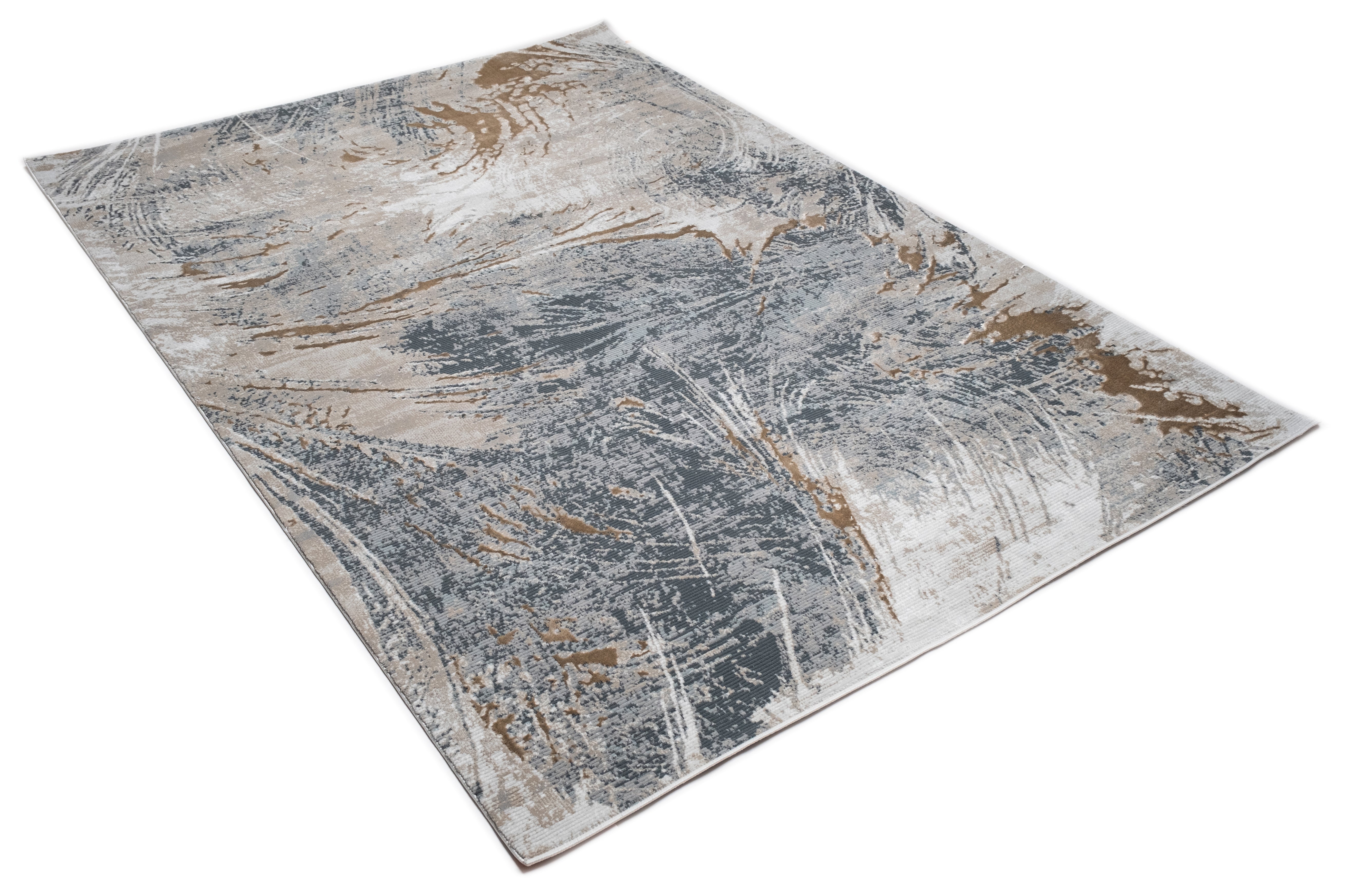 Crème Rug with Charcoal, Silver & Teal Marbled Abstract and Warm Mocha Tone-to-Tone High-Low Texture - METZ 4201.