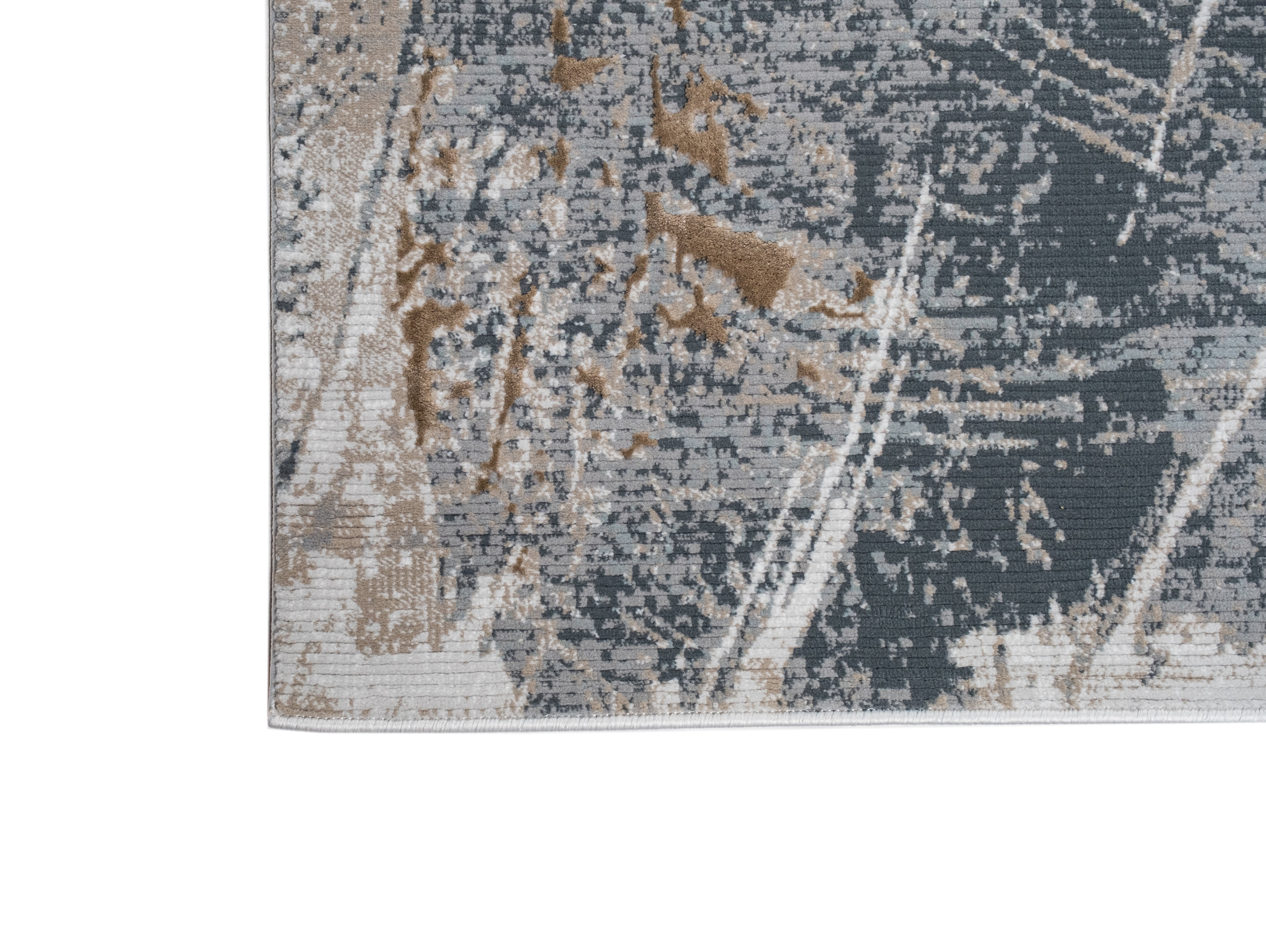 Crème Rug with Charcoal, Silver & Teal Marbled Abstract and Warm Mocha Tone-to-Tone High-Low Texture - METZ 4201.