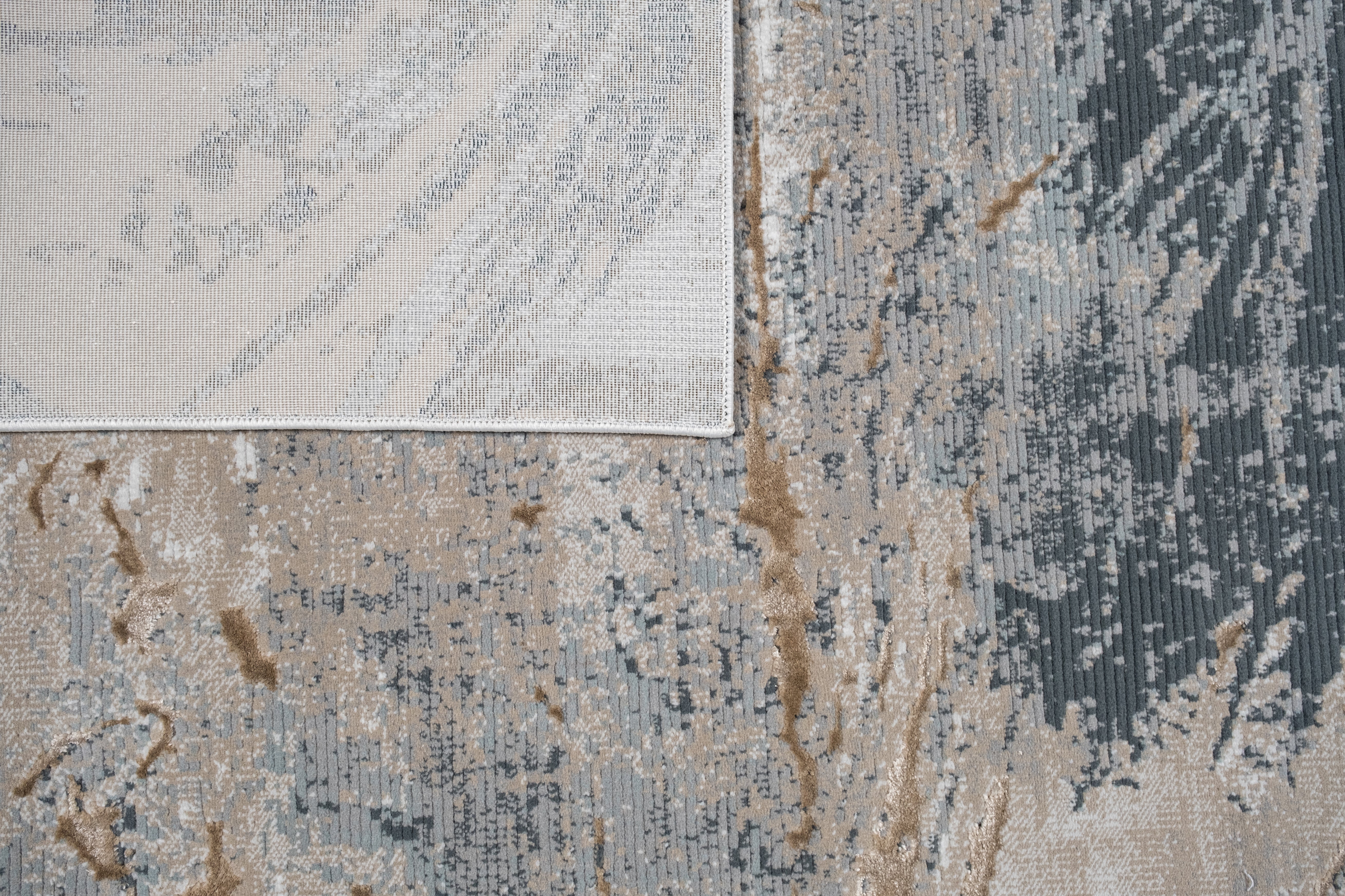 Crème Rug with Charcoal, Silver & Teal Marbled Abstract and Warm Mocha Tone-to-Tone High-Low Texture - METZ 4201.