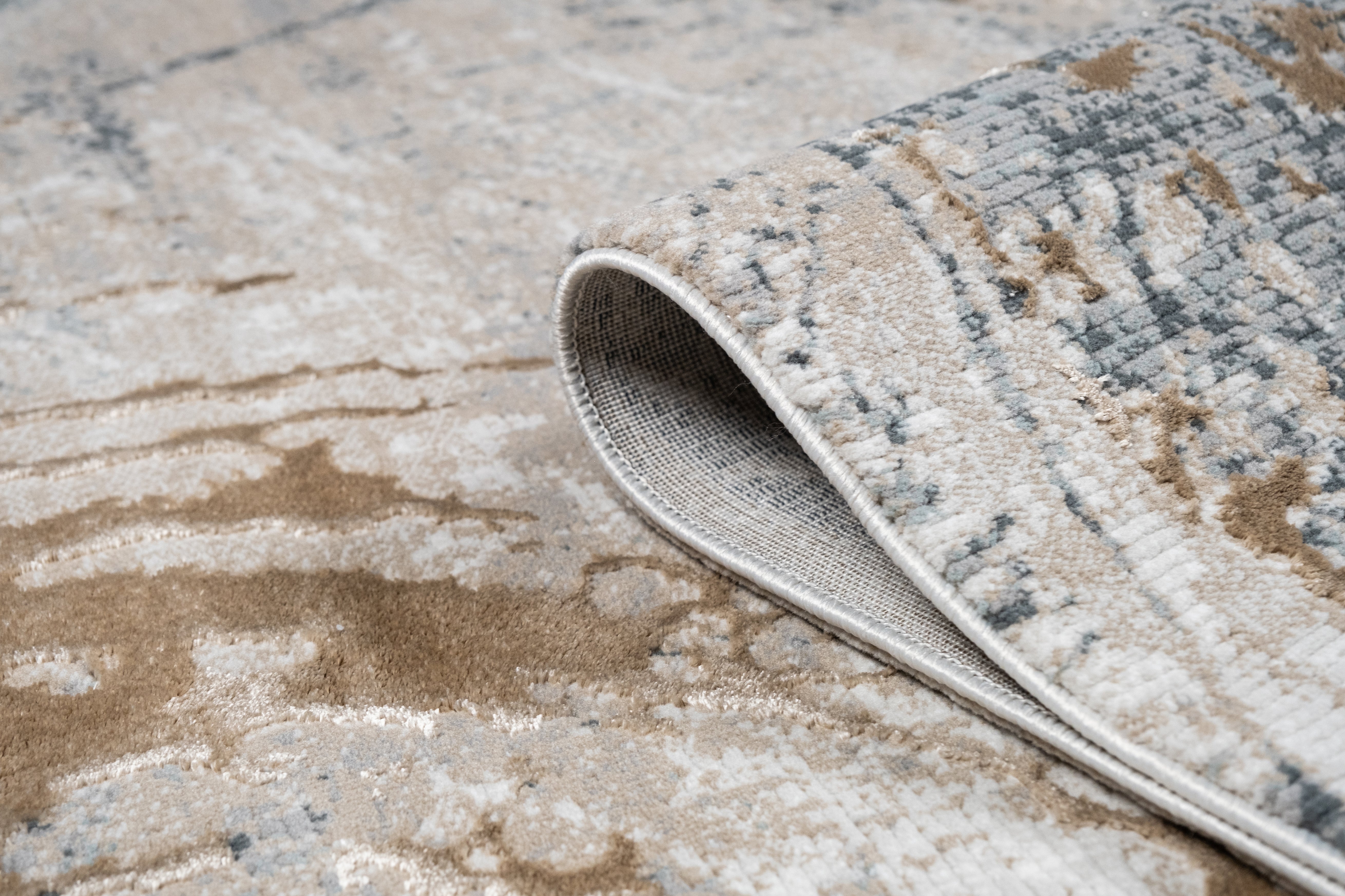 Crème Rug with Charcoal, Silver & Teal Marbled Abstract and Warm Mocha Tone-to-Tone High-Low Texture - METZ 4201.