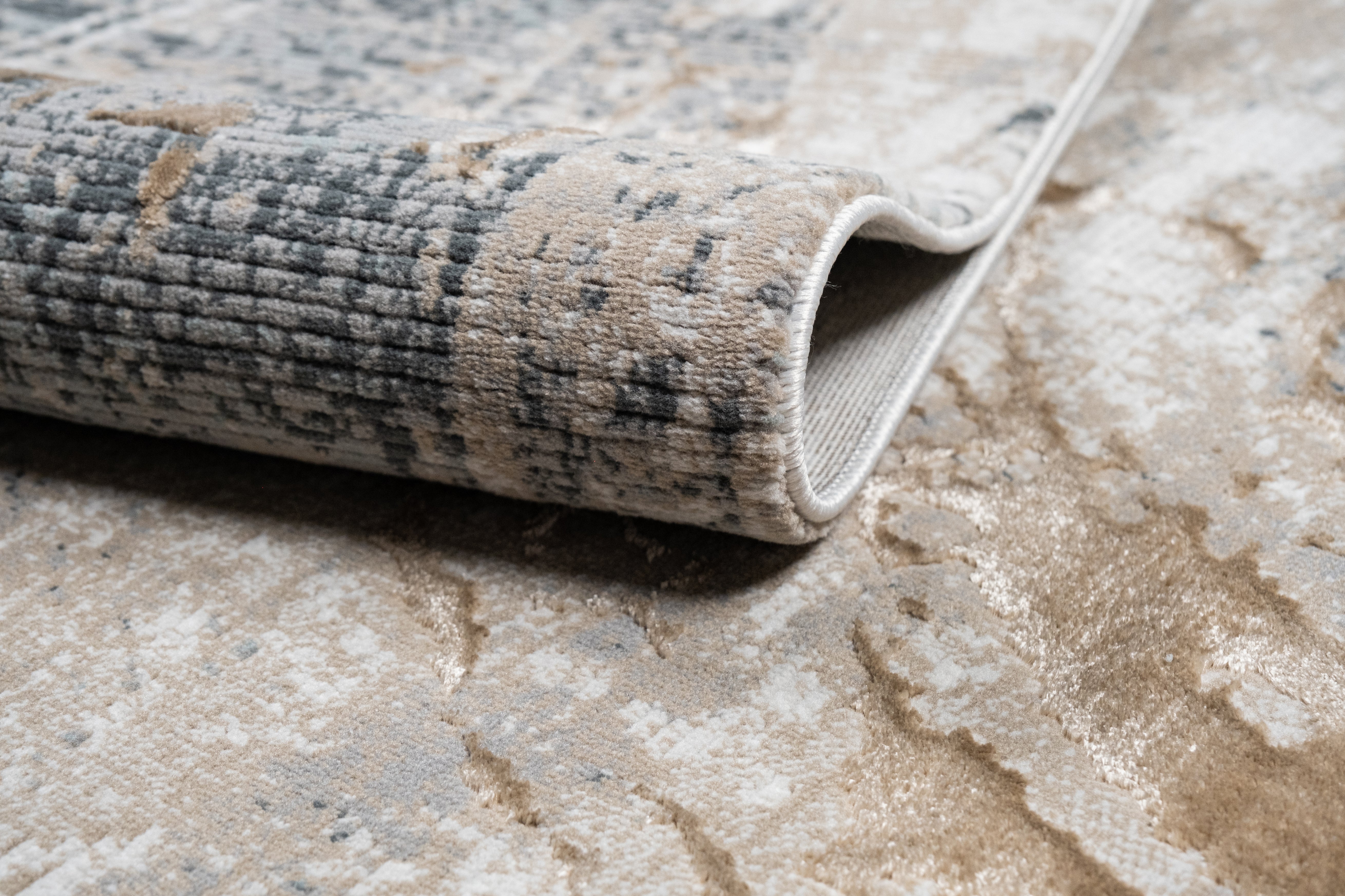 Crème Rug with Charcoal, Silver & Teal Marbled Abstract and Warm Mocha Tone-to-Tone High-Low Texture - METZ 4201.