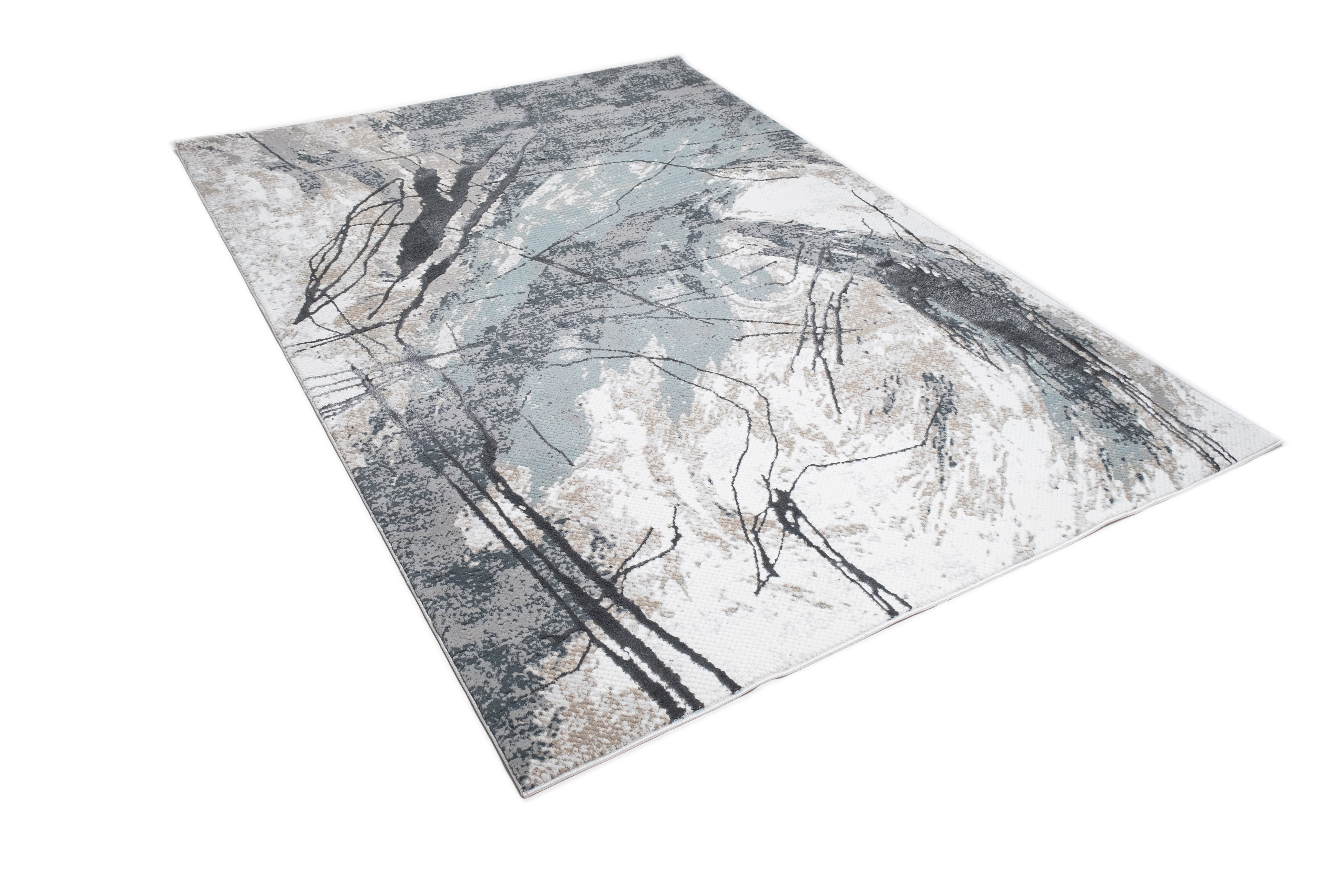 Abstract Marbled High-Low Rug in Crème Beige with Charcoal Tone-on-Tone Design, Faded Teal & Mocha Accents - METZ 4202.