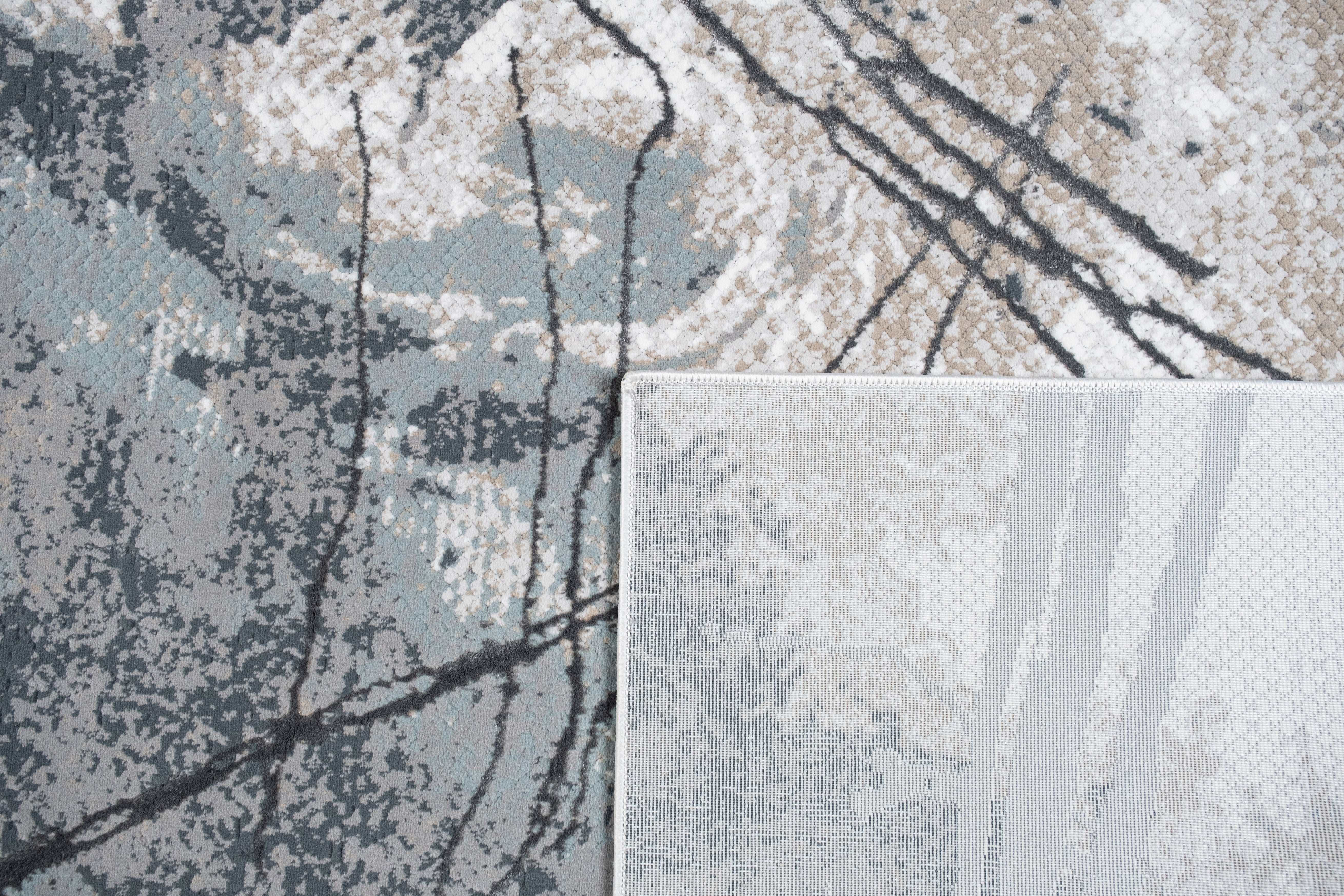Abstract Marbled High-Low Rug in Crème Beige with Charcoal Tone-on-Tone Design, Faded Teal & Mocha Accents - METZ 4202.