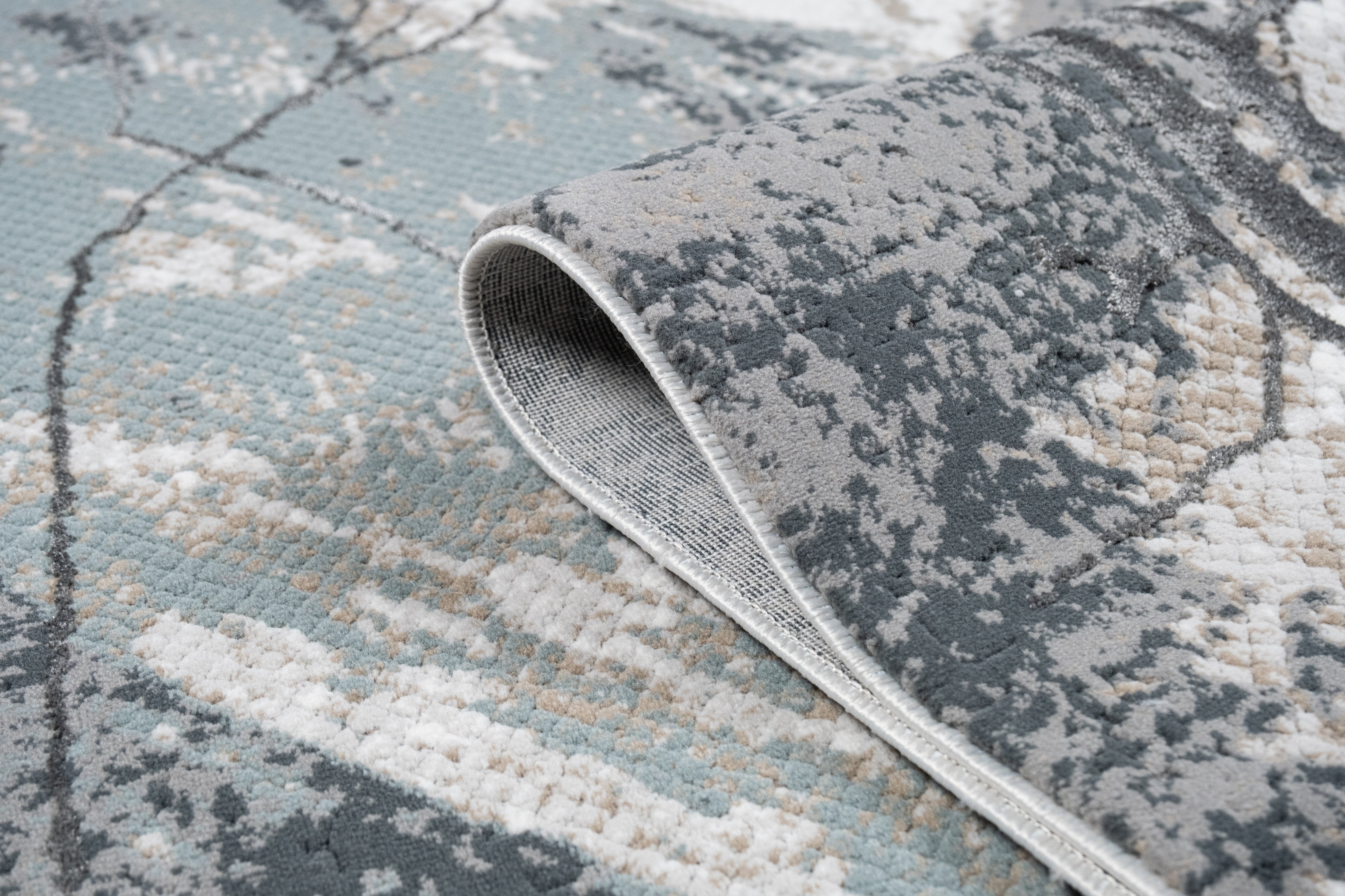 Abstract Marbled High-Low Rug in Crème Beige with Charcoal Tone-on-Tone Design, Faded Teal & Mocha Accents - METZ 4202.