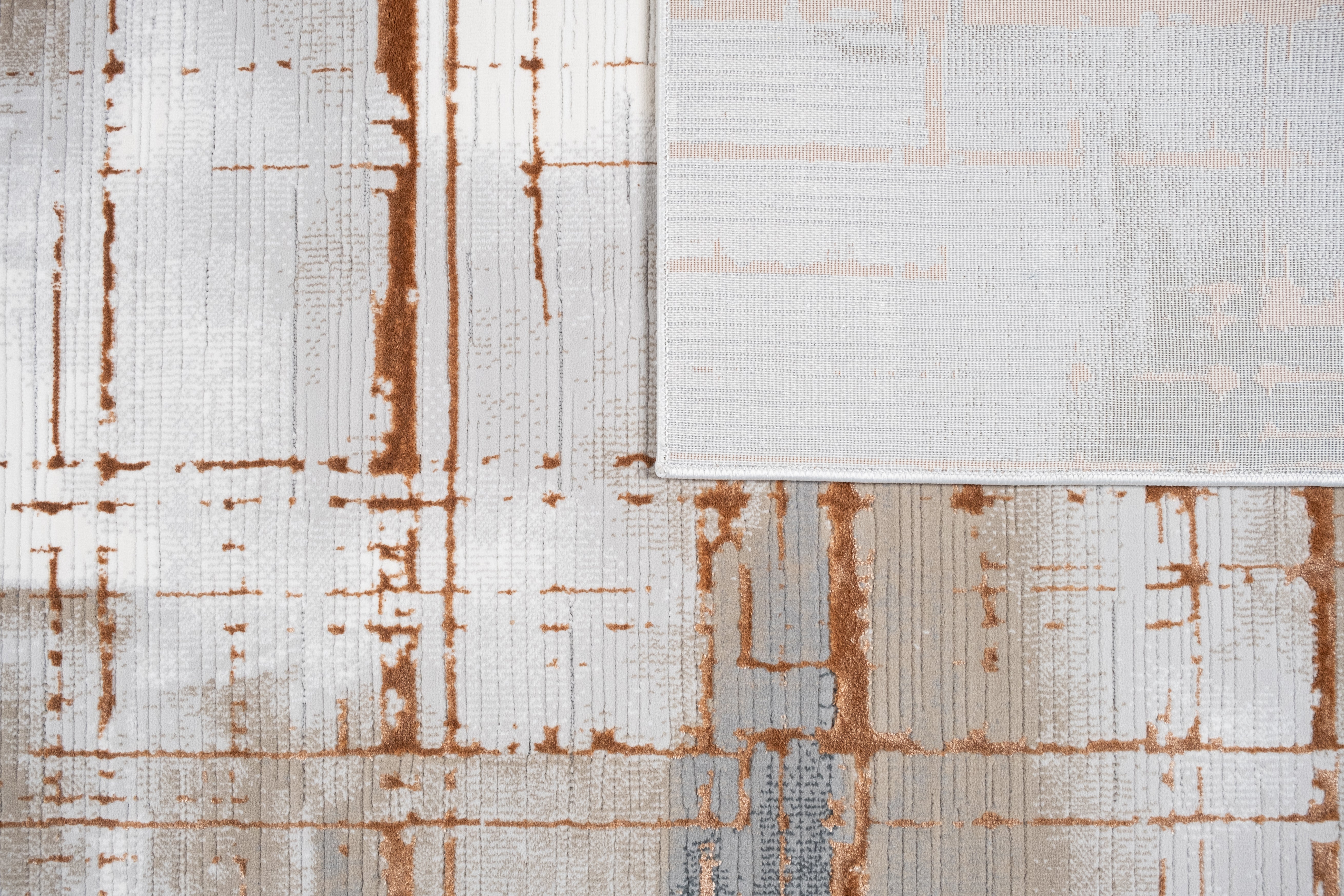 Crème Rug with Charcoal, Silver & Mocha Abstract with Bronze Tone-to-Tone Geometric High-Low Texture - METZ 4203.
