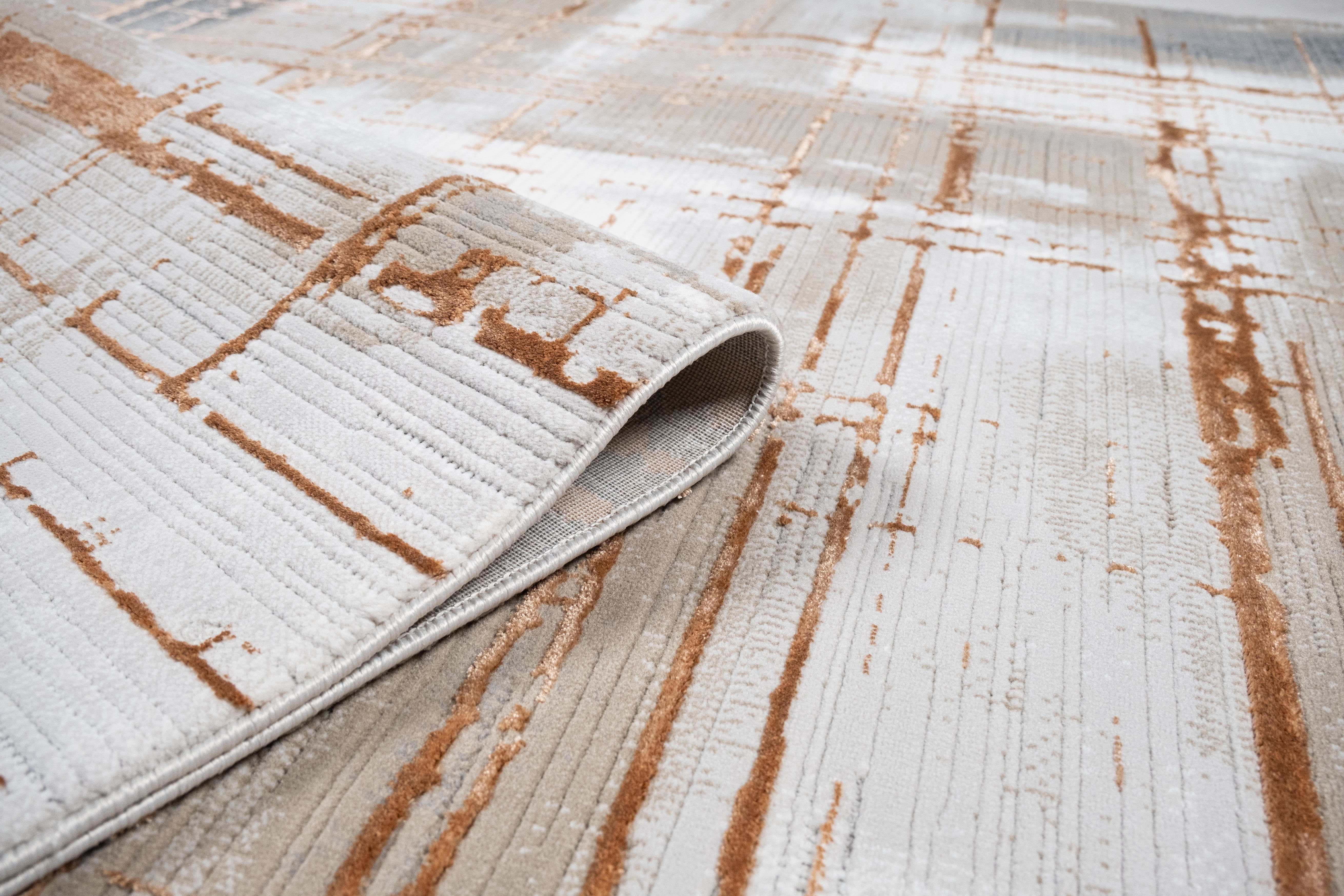 Crème Rug with Charcoal, Silver & Mocha Abstract with Bronze Tone-to-Tone Geometric High-Low Texture - METZ 4203.