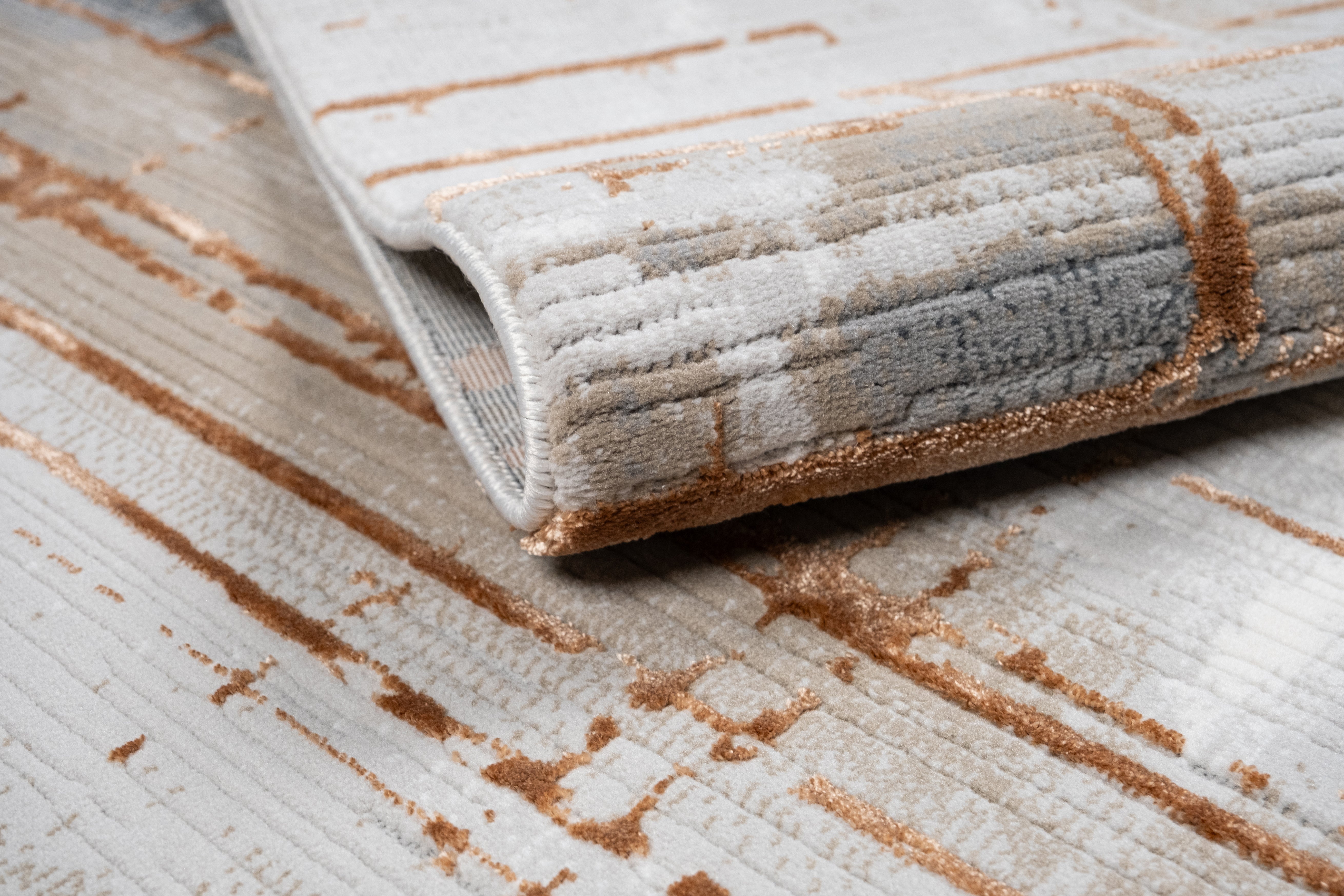 Crème Rug with Charcoal, Silver & Mocha Abstract with Bronze Tone-to-Tone Geometric High-Low Texture - METZ 4203.