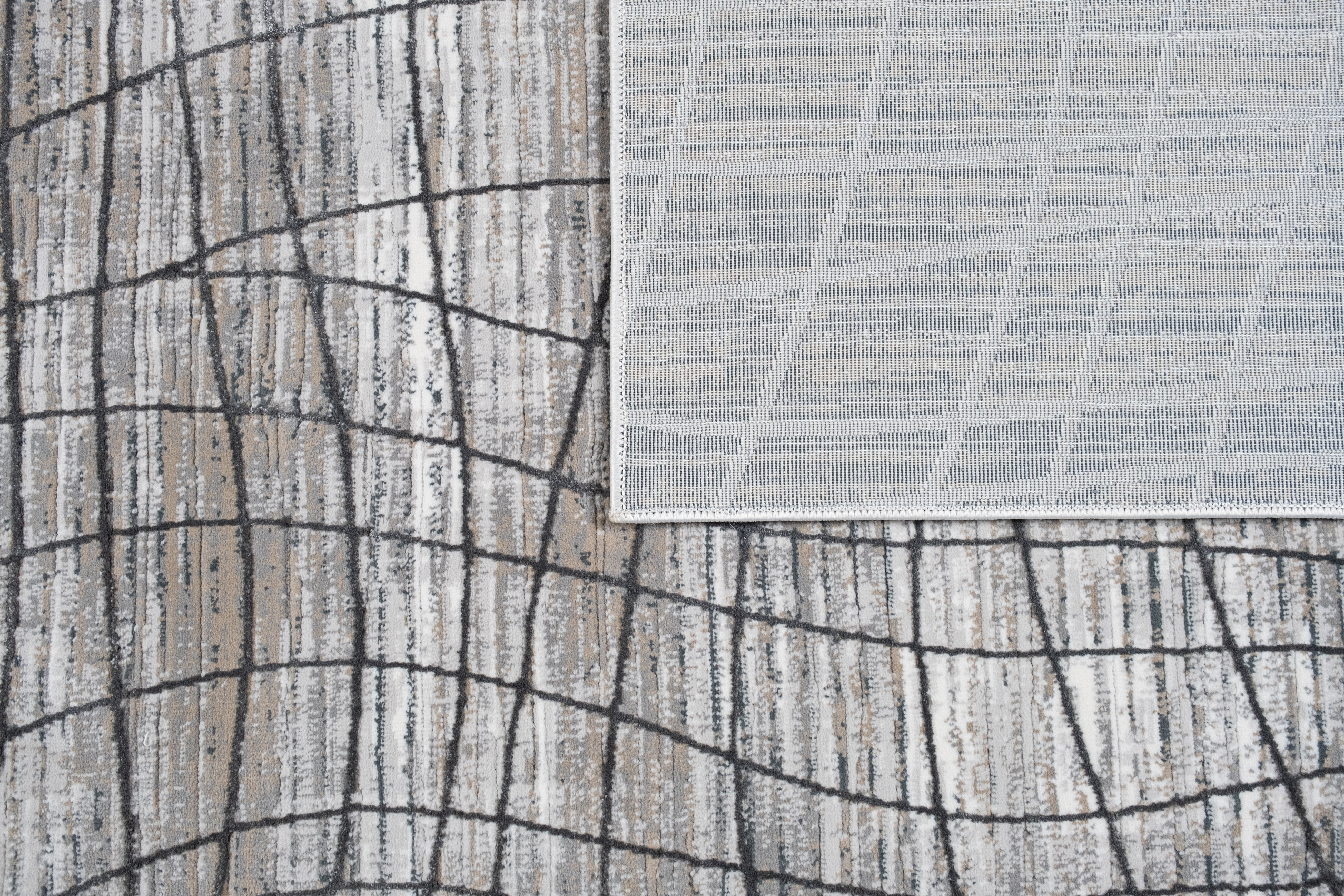 Crème Rug with Mocha & Beige Abstract Design and Charcoal Checker High-Low Pattern - METZ 4204.