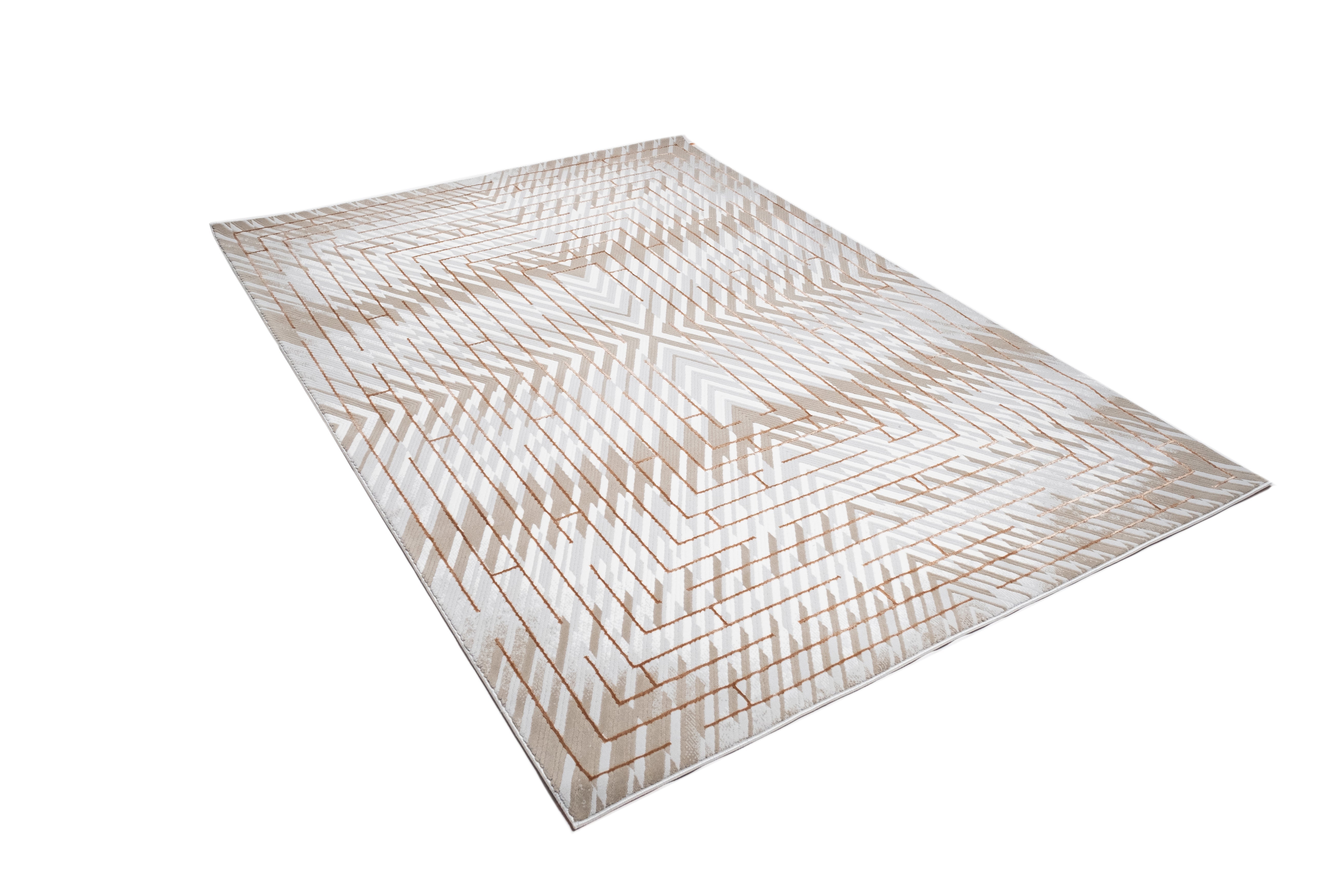 Crème Rug with Mocha & Taupe Abstract and Brick Tone-on-Tone Geometric High-Low Design - METZ 4208.