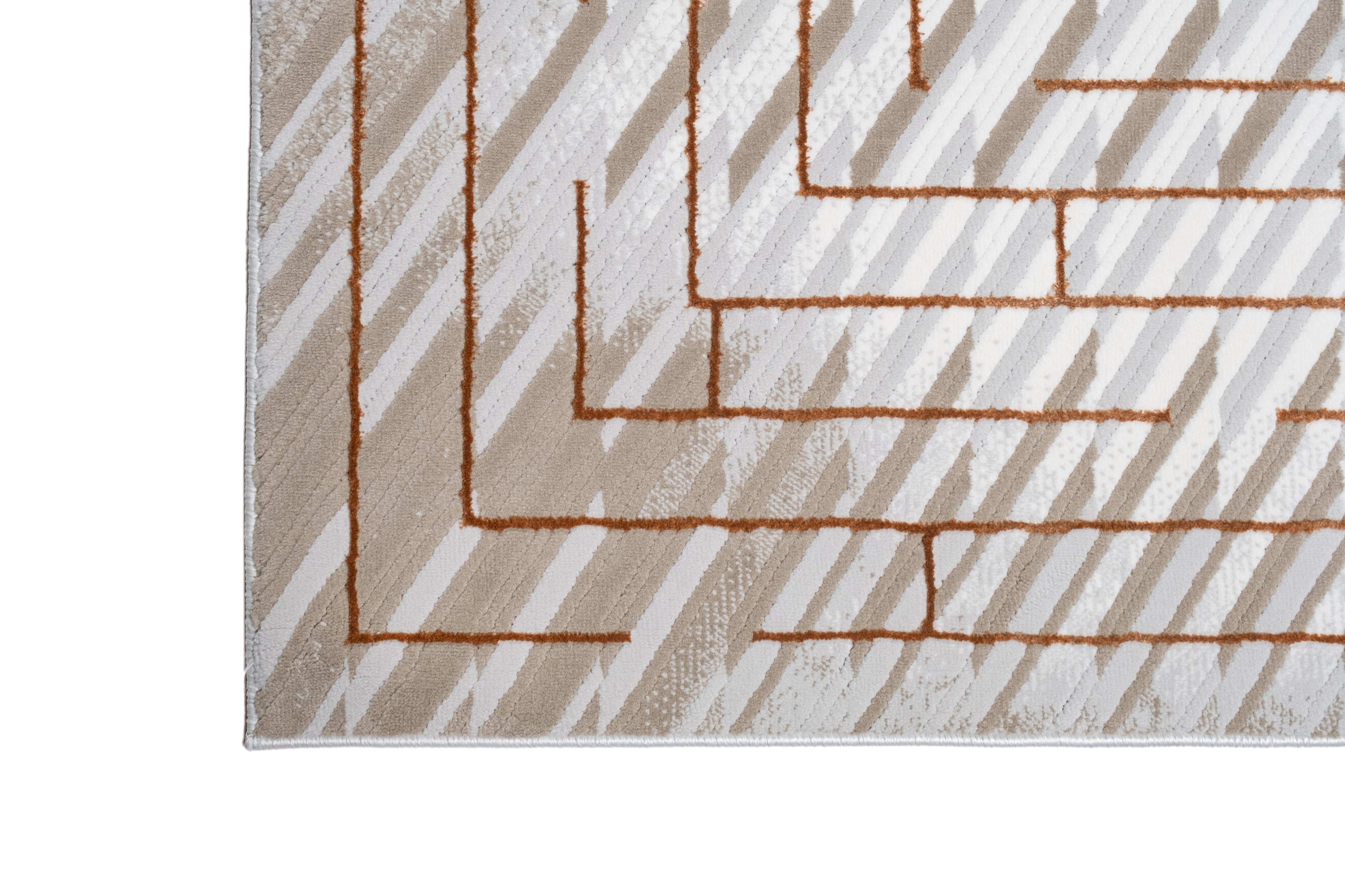 Crème Rug with Mocha & Taupe Abstract and Brick Tone-on-Tone Geometric High-Low Design - METZ 4208.