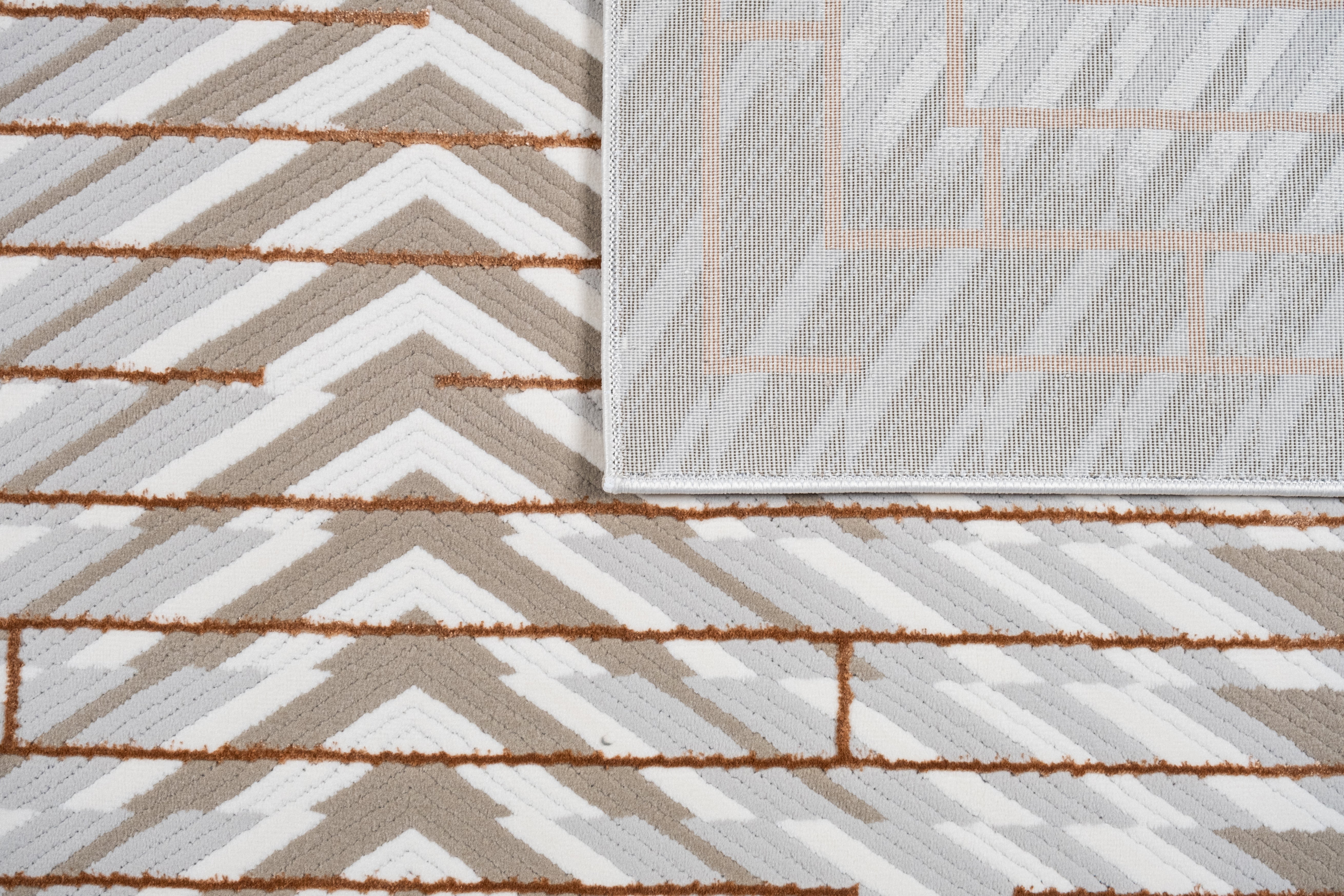 Crème Rug with Mocha & Taupe Abstract and Brick Tone-on-Tone Geometric High-Low Design - METZ 4208.