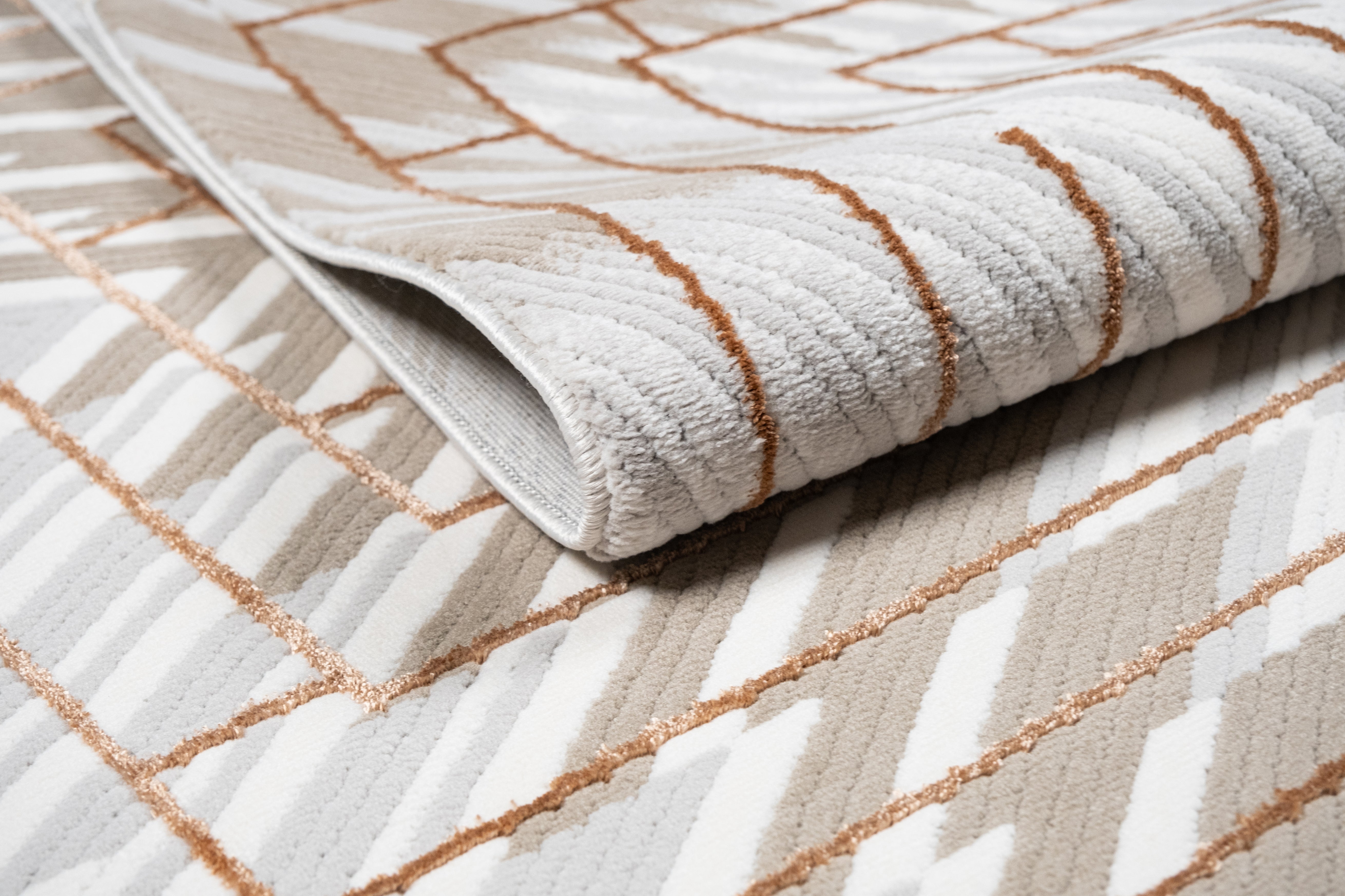 Crème Rug with Mocha & Taupe Abstract and Brick Tone-on-Tone Geometric High-Low Design - METZ 4208.