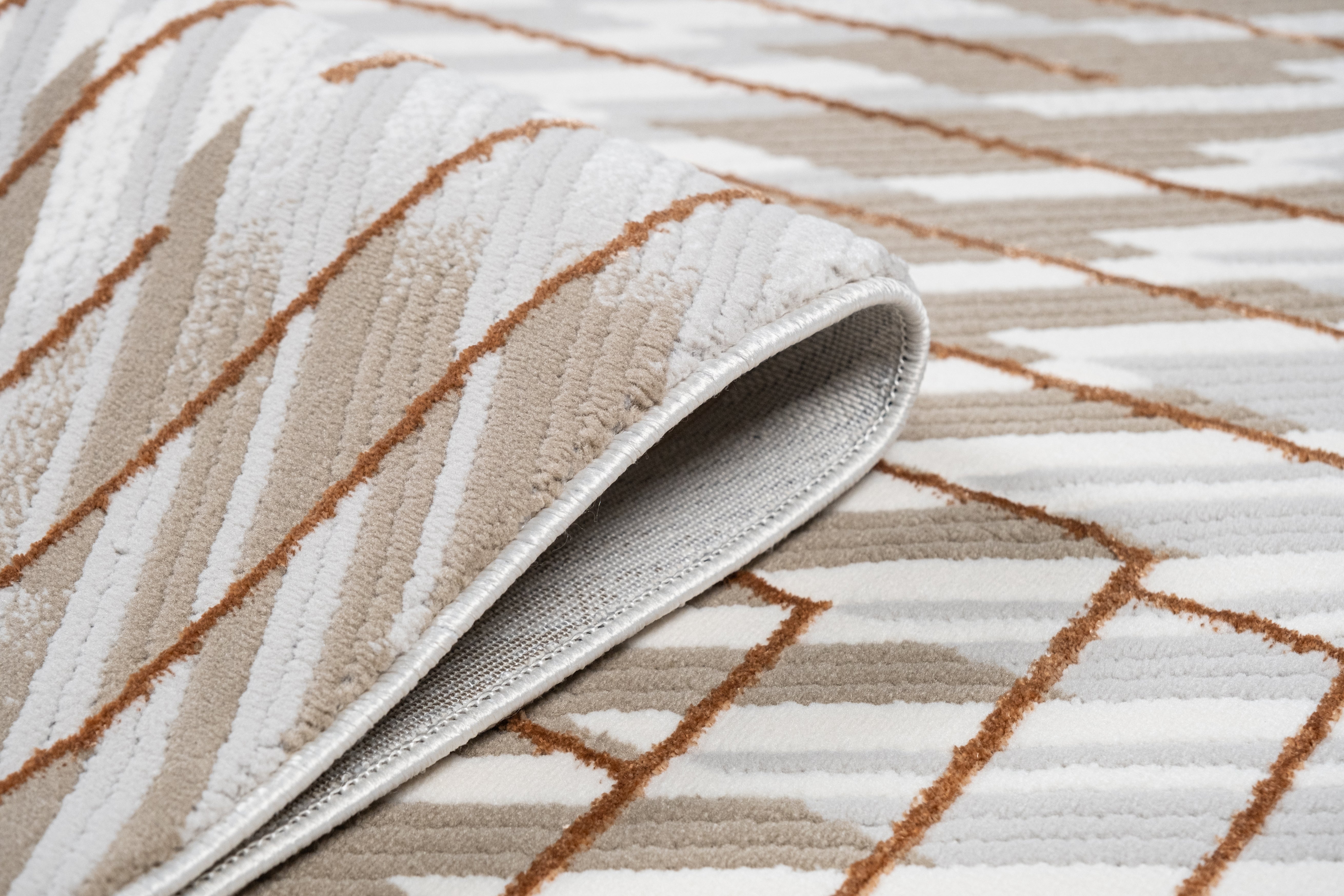Crème Rug with Mocha & Taupe Abstract and Brick Tone-on-Tone Geometric High-Low Design - METZ 4208.