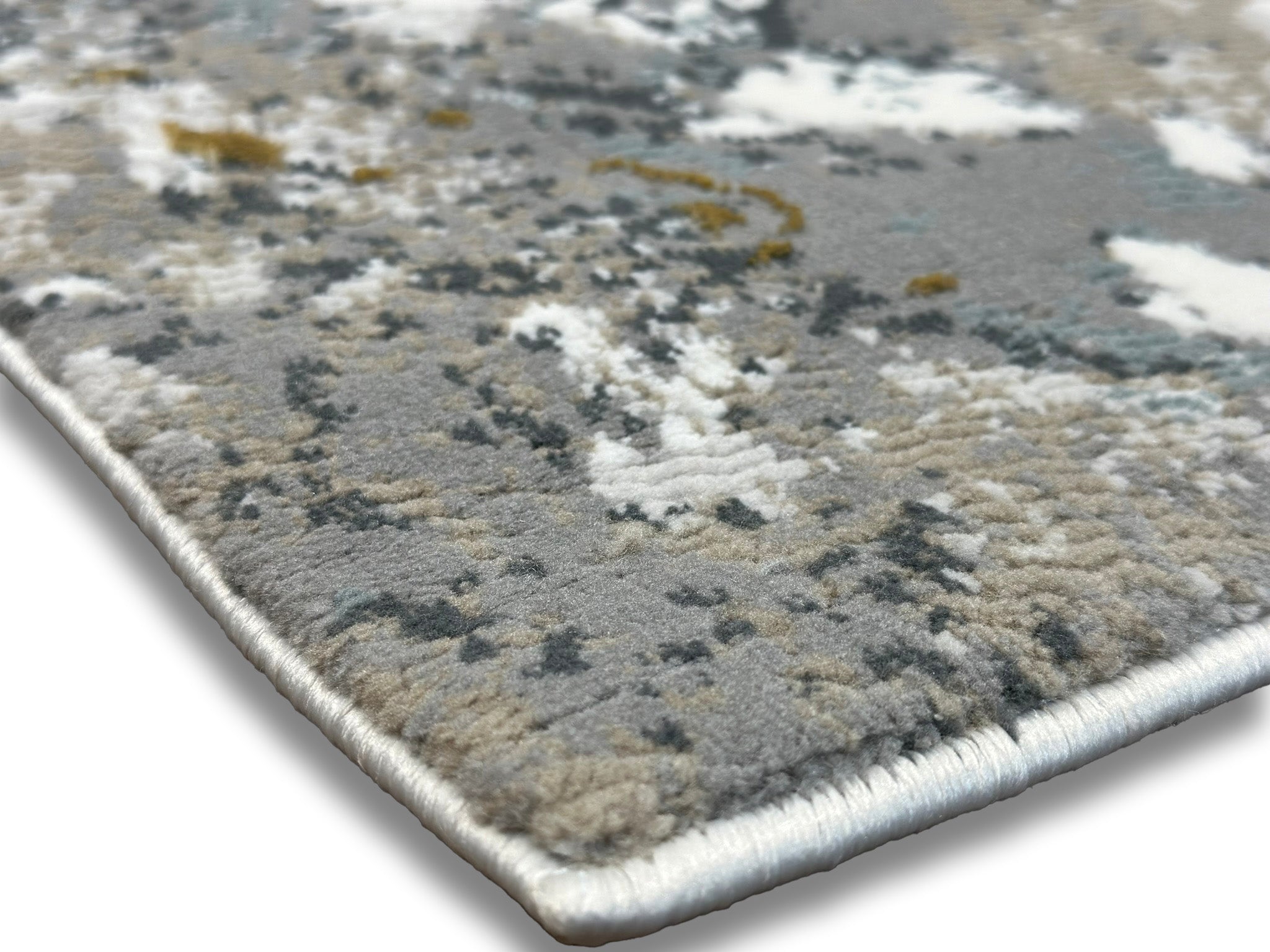 Crème Rug with Marbled Charcoal and Grey Abstract and Gold Tone-on-Tone High-Low Design - METZ 4210.