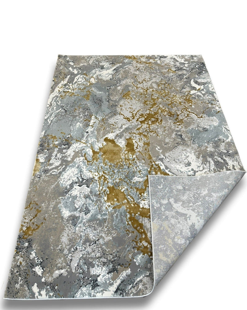 Crème Rug with Marbled Charcoal and Grey Abstract and Gold Tone-on-Tone High-Low Design - METZ 4210.